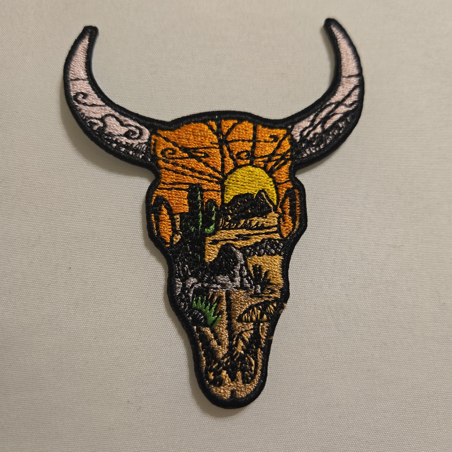 Sunset Bull Skull Iron-On PATCH - Texas Transfers and Designs