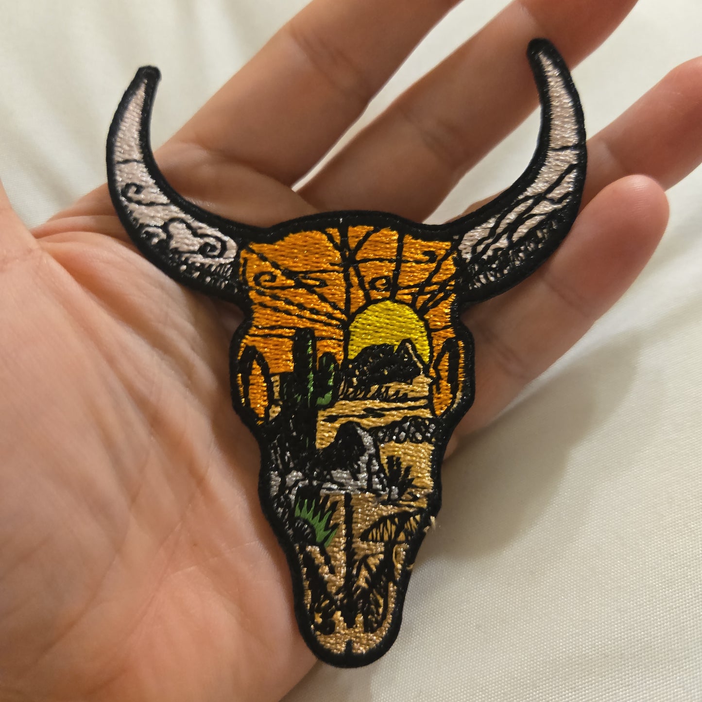 Sunset Bull Skull Iron-On PATCH - Texas Transfers and Designs