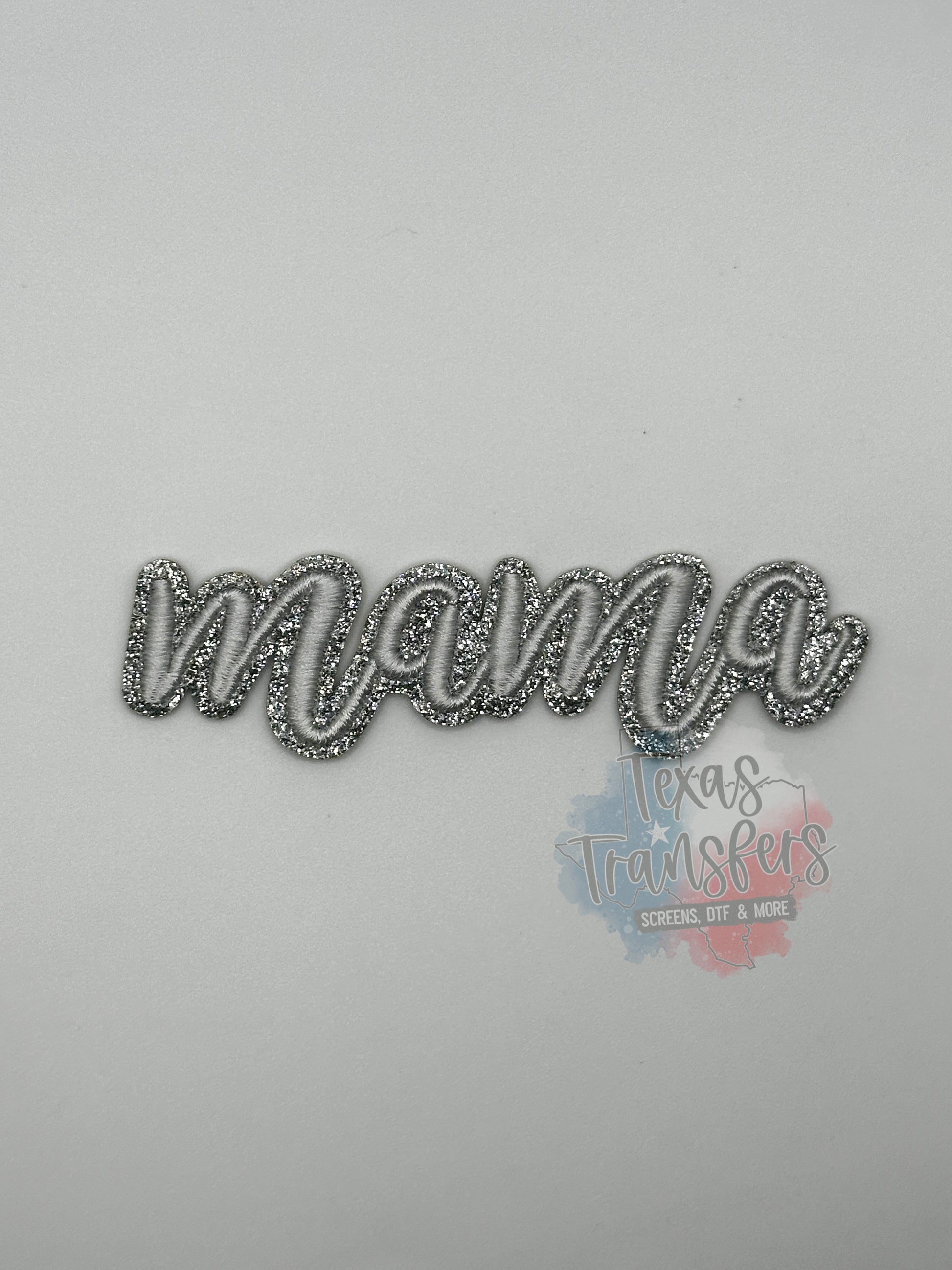 Mama Silver Glitter Iron-On PATCH - Texas Transfers and Designs