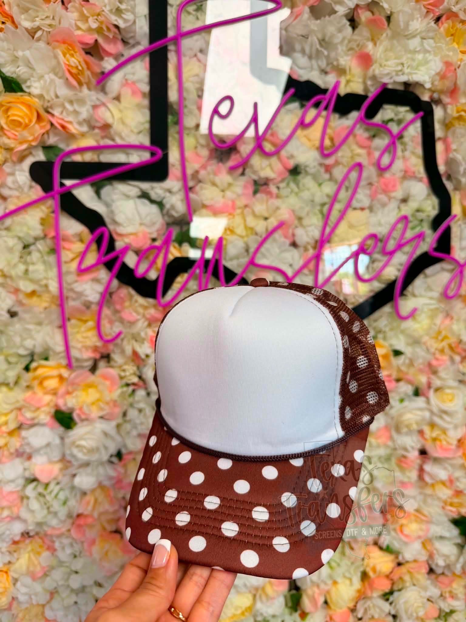 Brown and Hat Polka Dot Trucker Hat - Texas Transfers and Designs