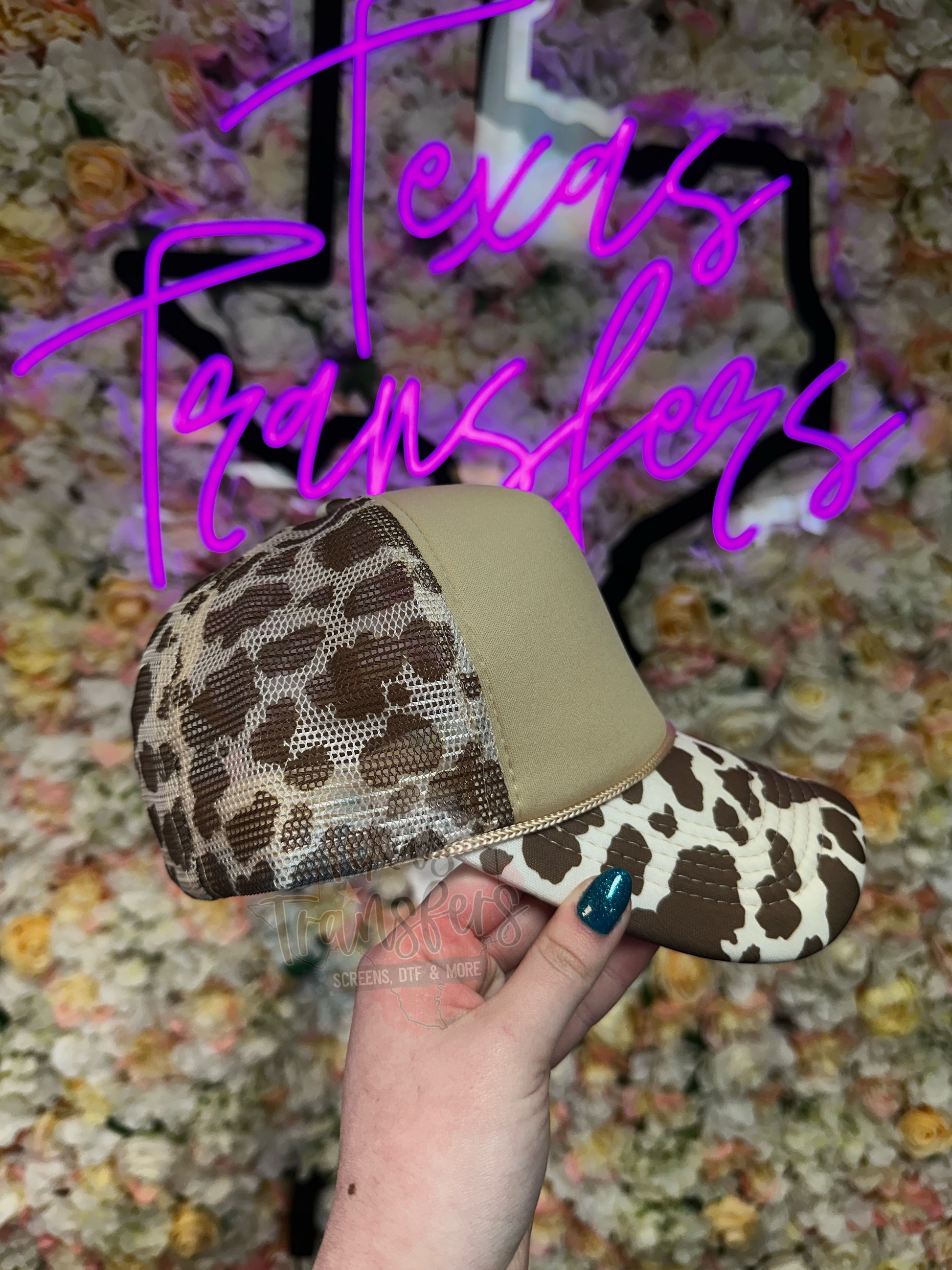 Cow Print/Tan Trucker Hat - Texas Transfers and Designs