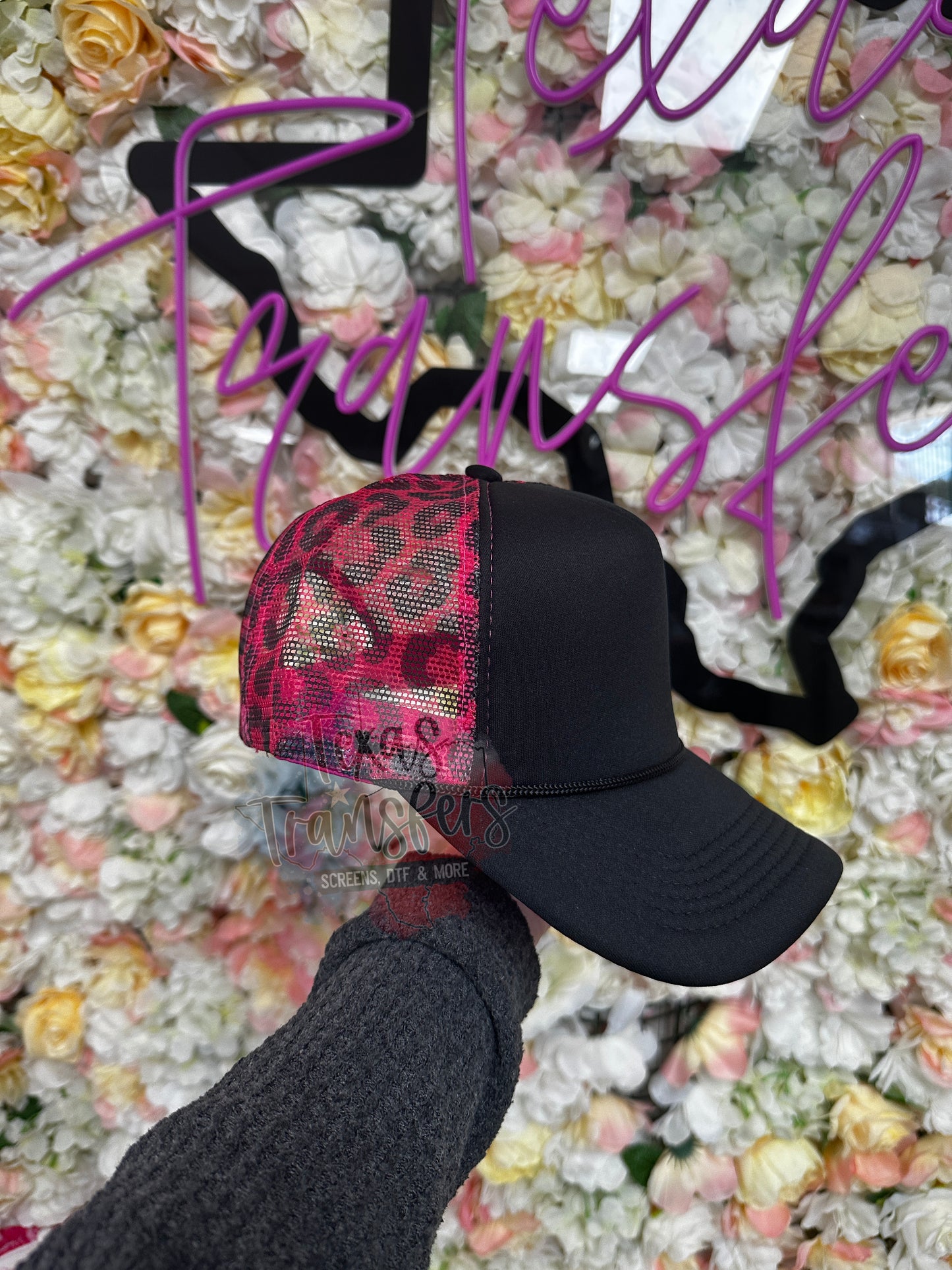 Black Front/ Hot Pink Leopard Mesh Trucker Hat