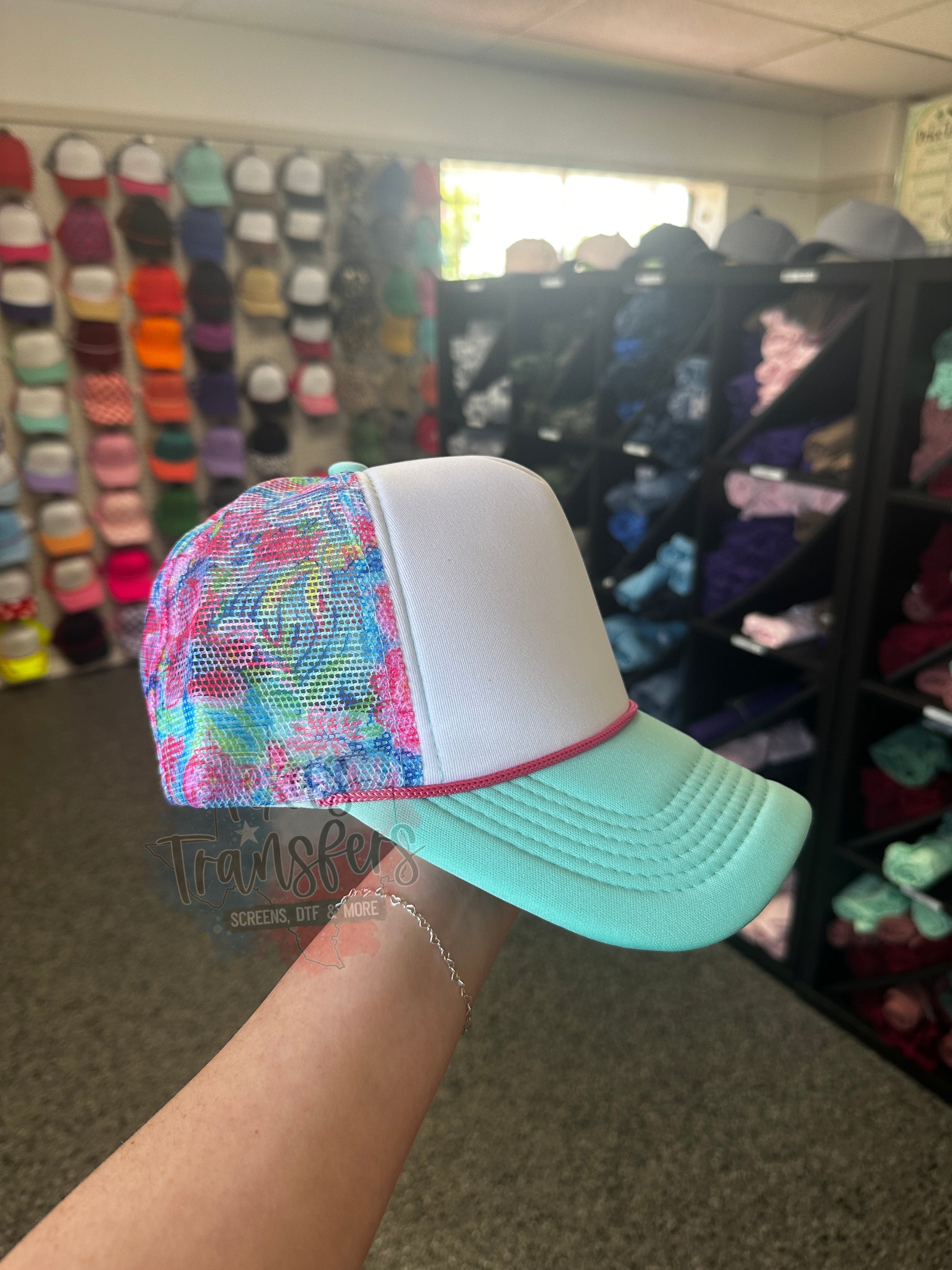 Floral Mesh/ Mint Brim Trucker Hat - Texas Transfers and Designs