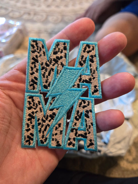 Mama Turquoise Leopard Lightning Iron-On PATCH - Texas Transfers and Designs