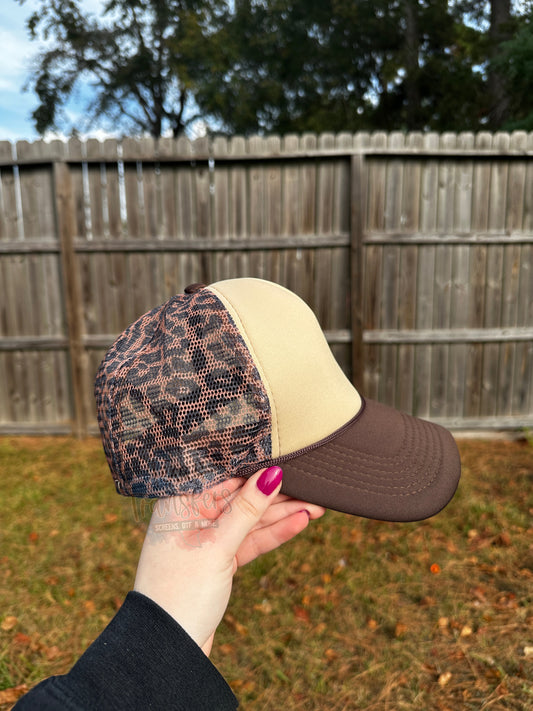 Tan/Brown Leopard Back Trucker Hat