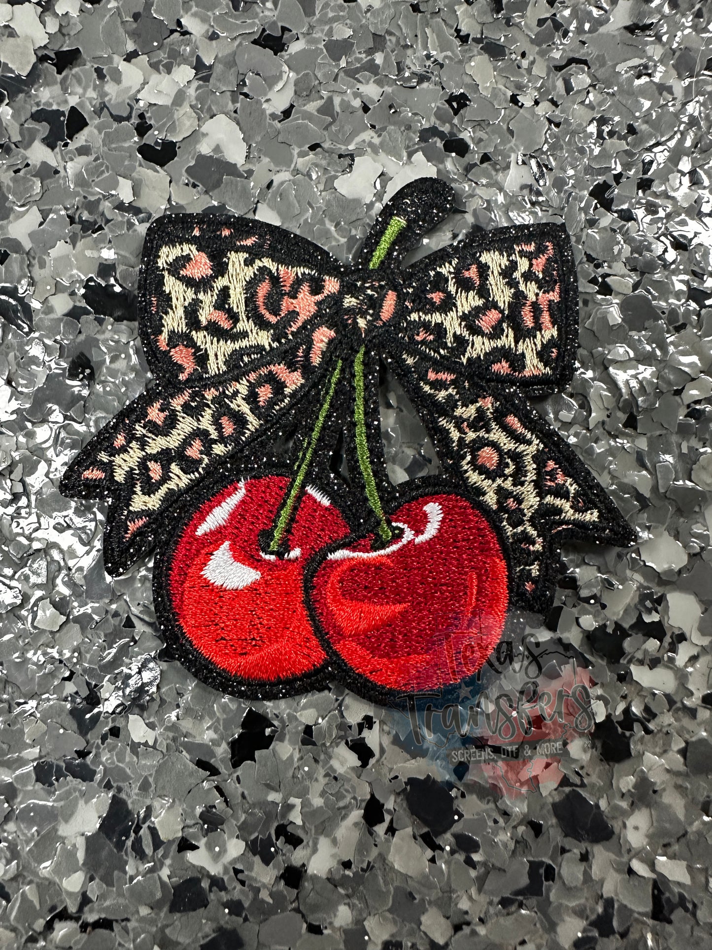 Cherry Leopard Bow Glitter Iron-On Patch