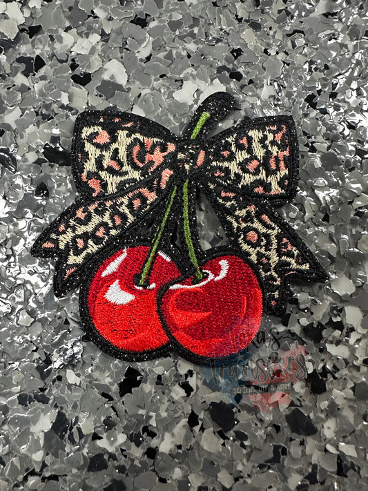 Cherry Leopard Bow Glitter Iron-On Patch