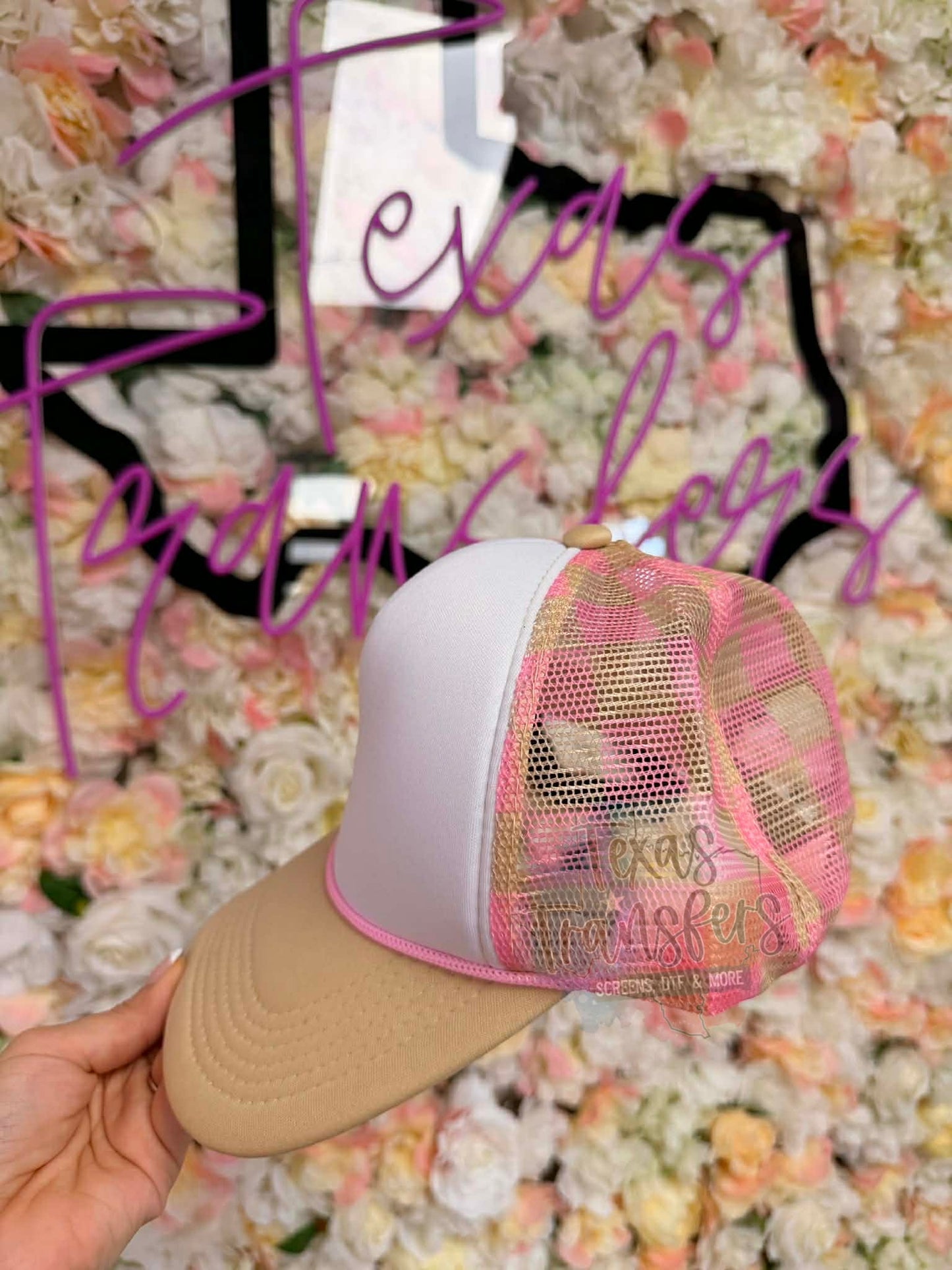 Pink and Tan Checker Back Trucker Hat - Texas Transfers and Designs