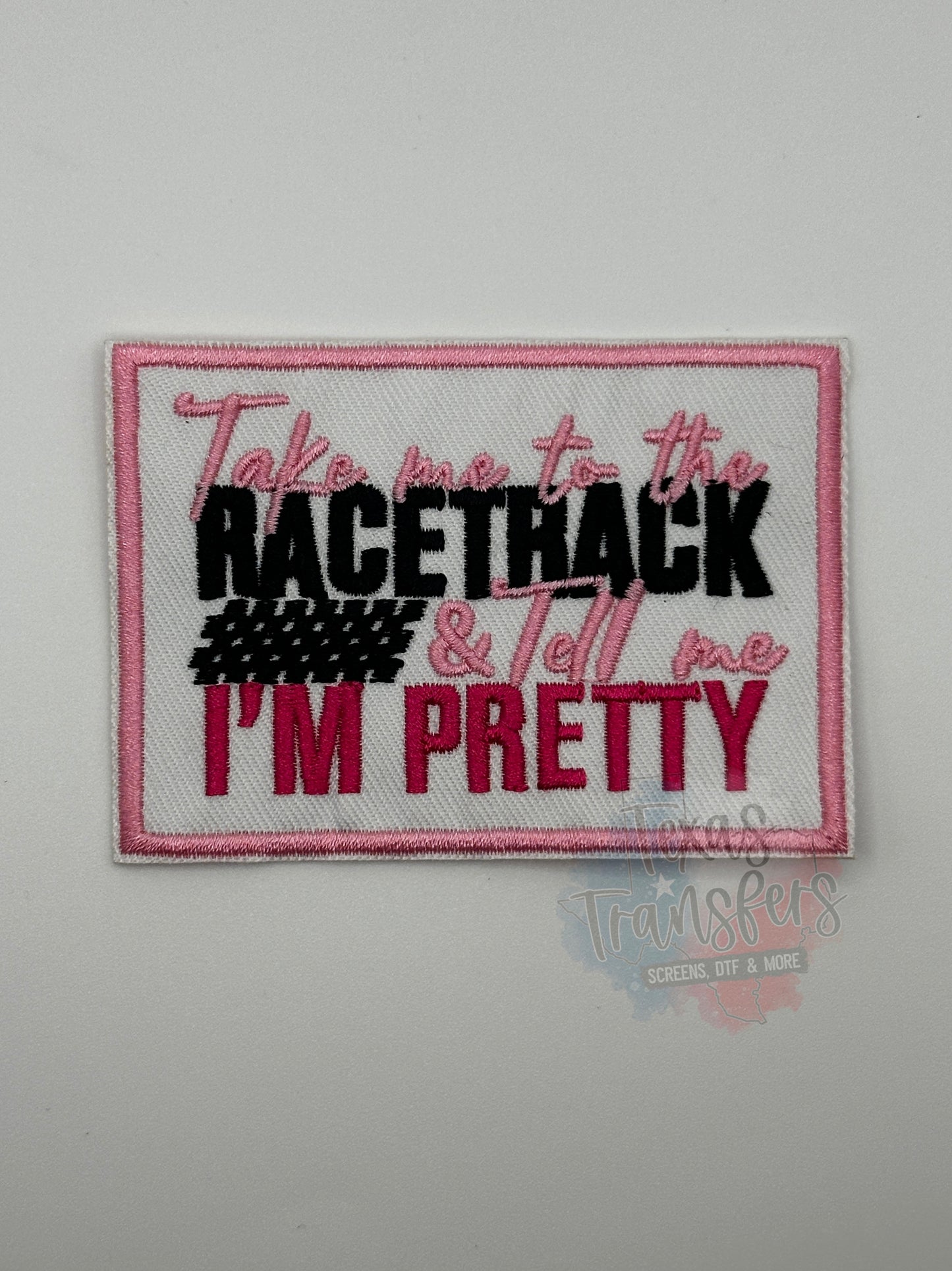 Take Me To The Racetrack RECTANGLE Iron-On PATCH - Texas Transfers and Designs