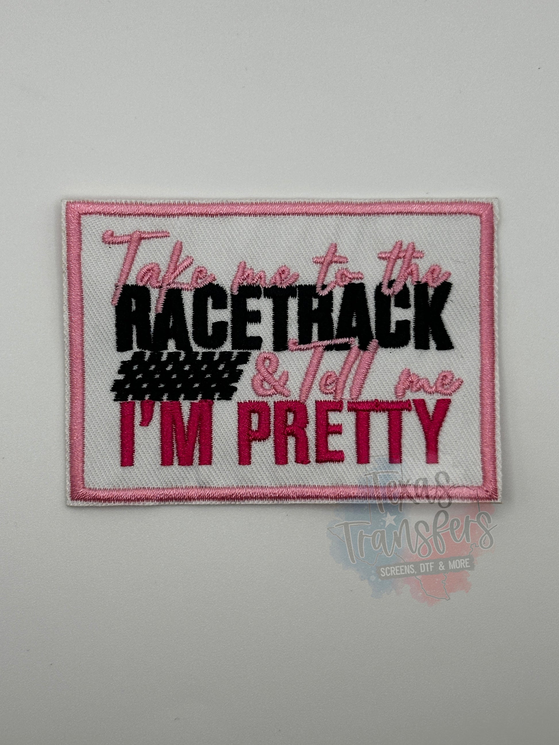 Take Me To The Racetrack RECTANGLE Iron-On PATCH - Texas Transfers and Designs