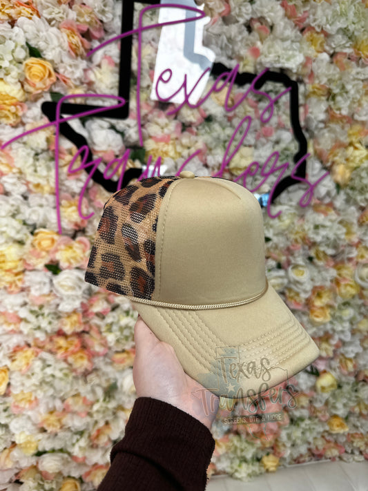 Tan/Brown Leopard Mesh Trucker Hat with Leopard Brim