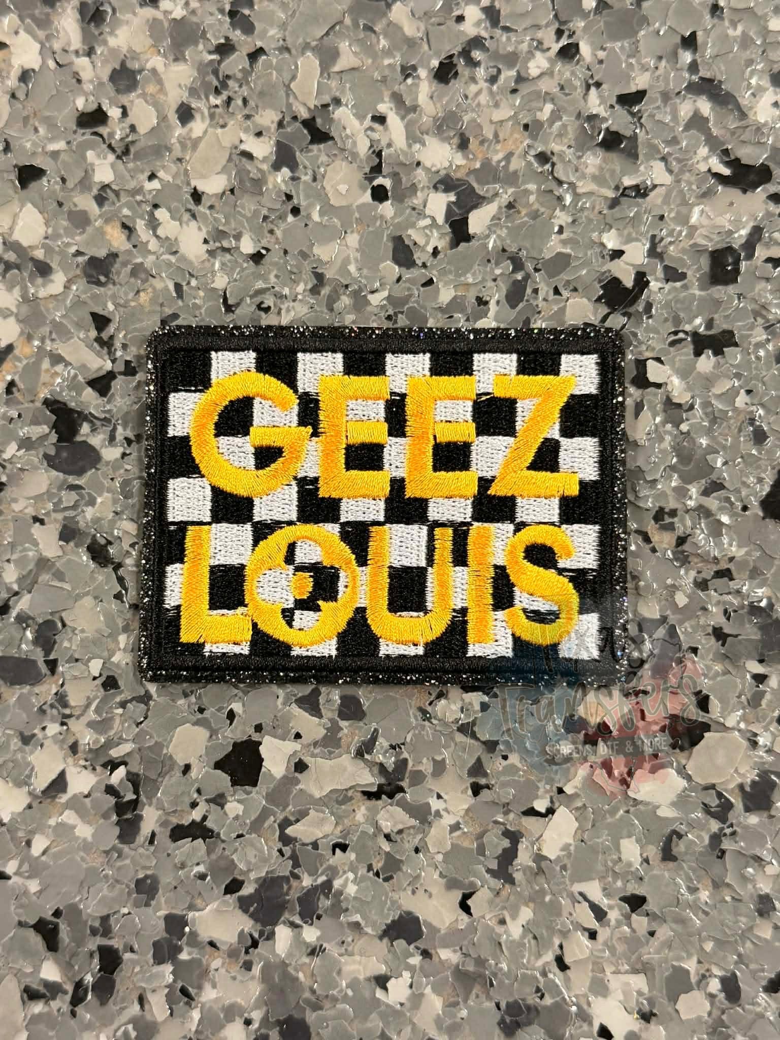 Geez Louis Checkered Iron-On Patch - Texas Transfers and Designs