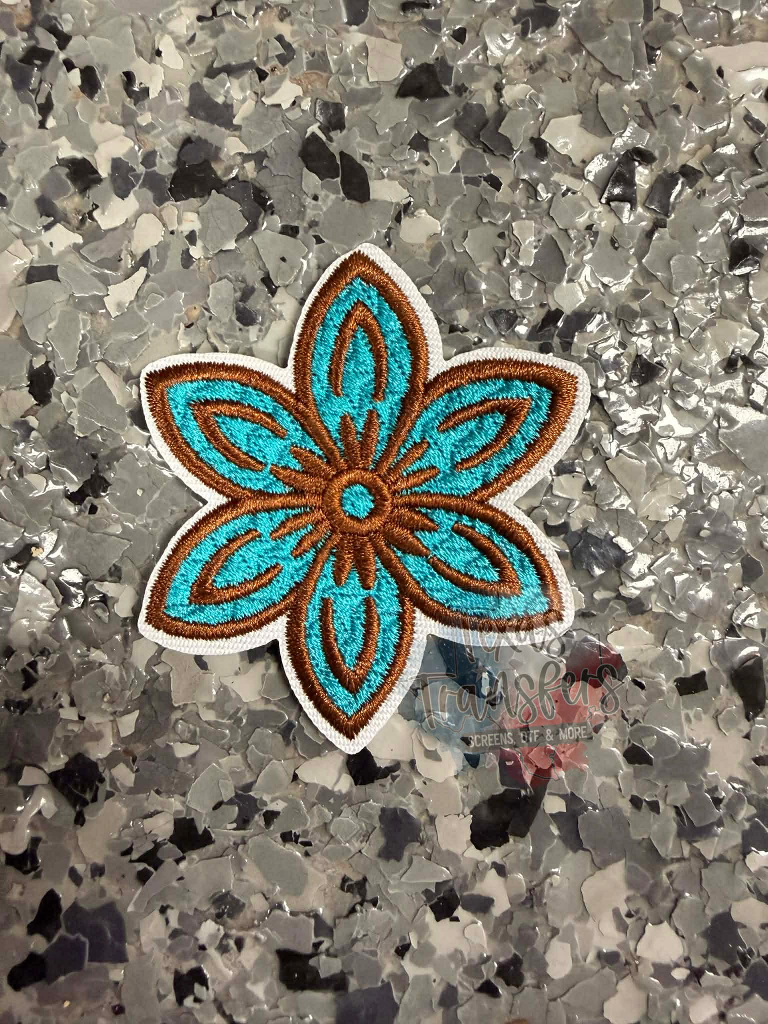 Turquoise and Brown Flower Iron-On Patch - Texas Transfers and Designs