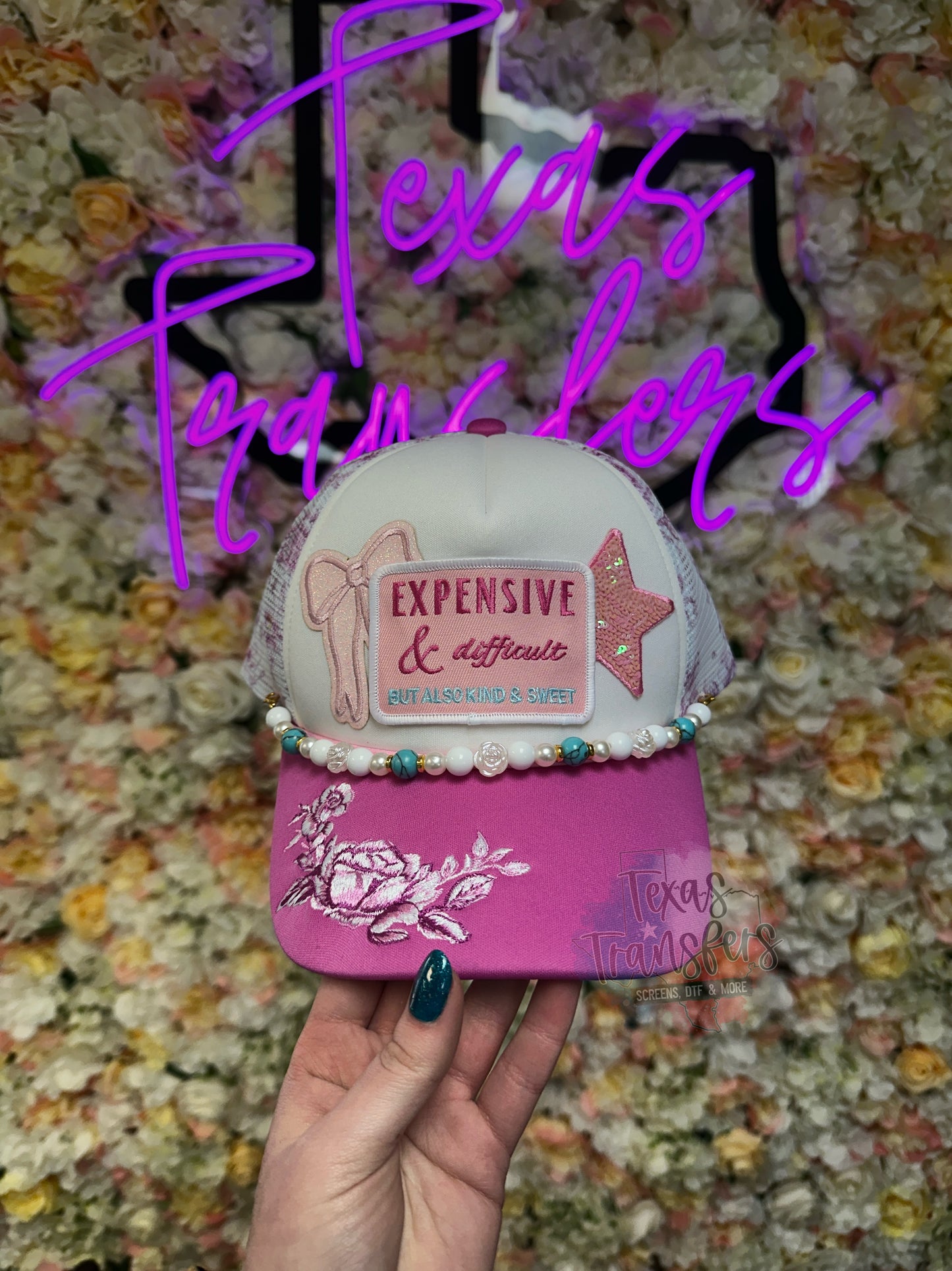 Pink Floral Embroidered Brim Premium Trucker Hat - Texas Transfers and Designs