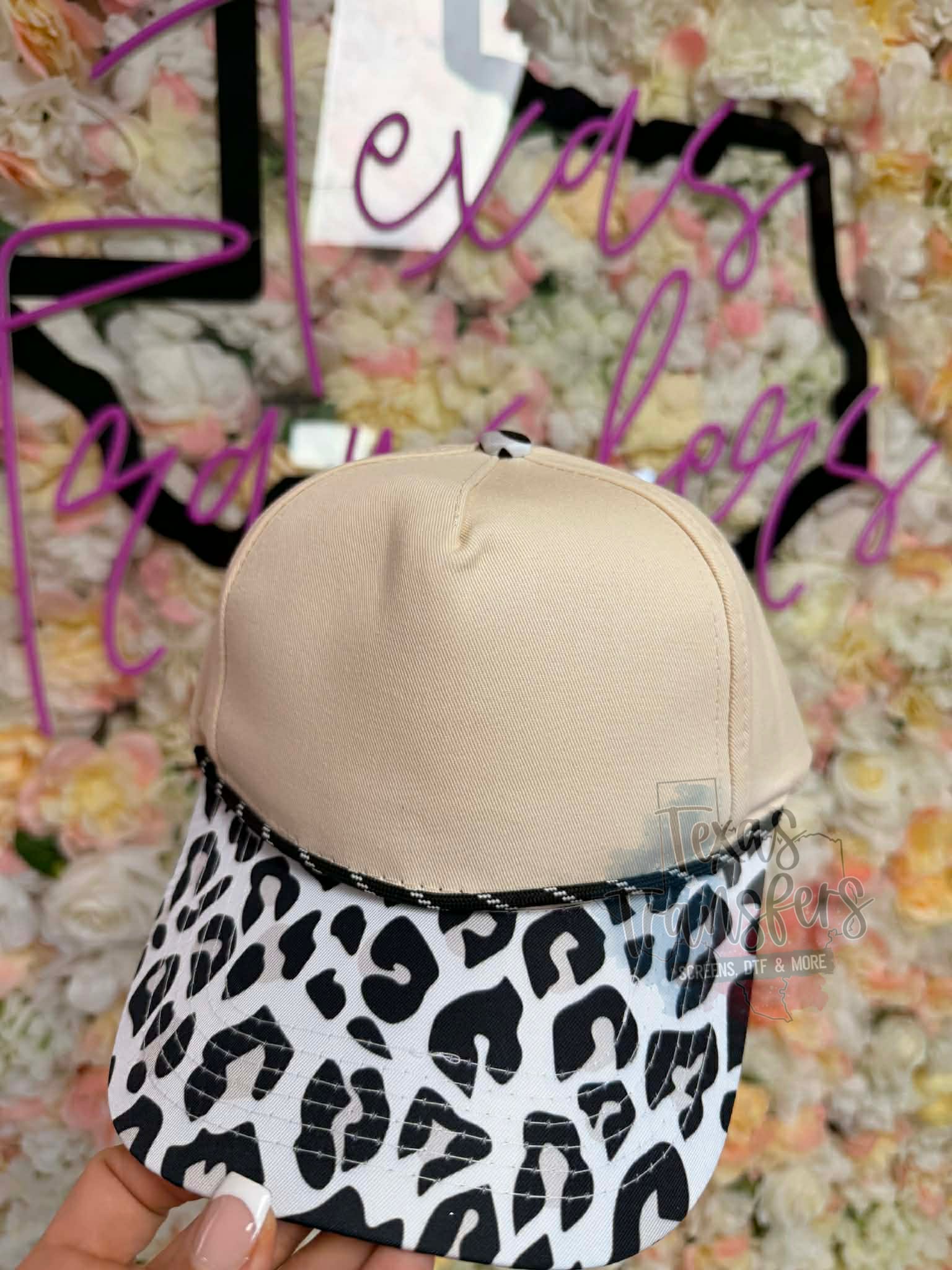Black and White Leopard Brim Canvas Hat - Texas Transfers and Designs
