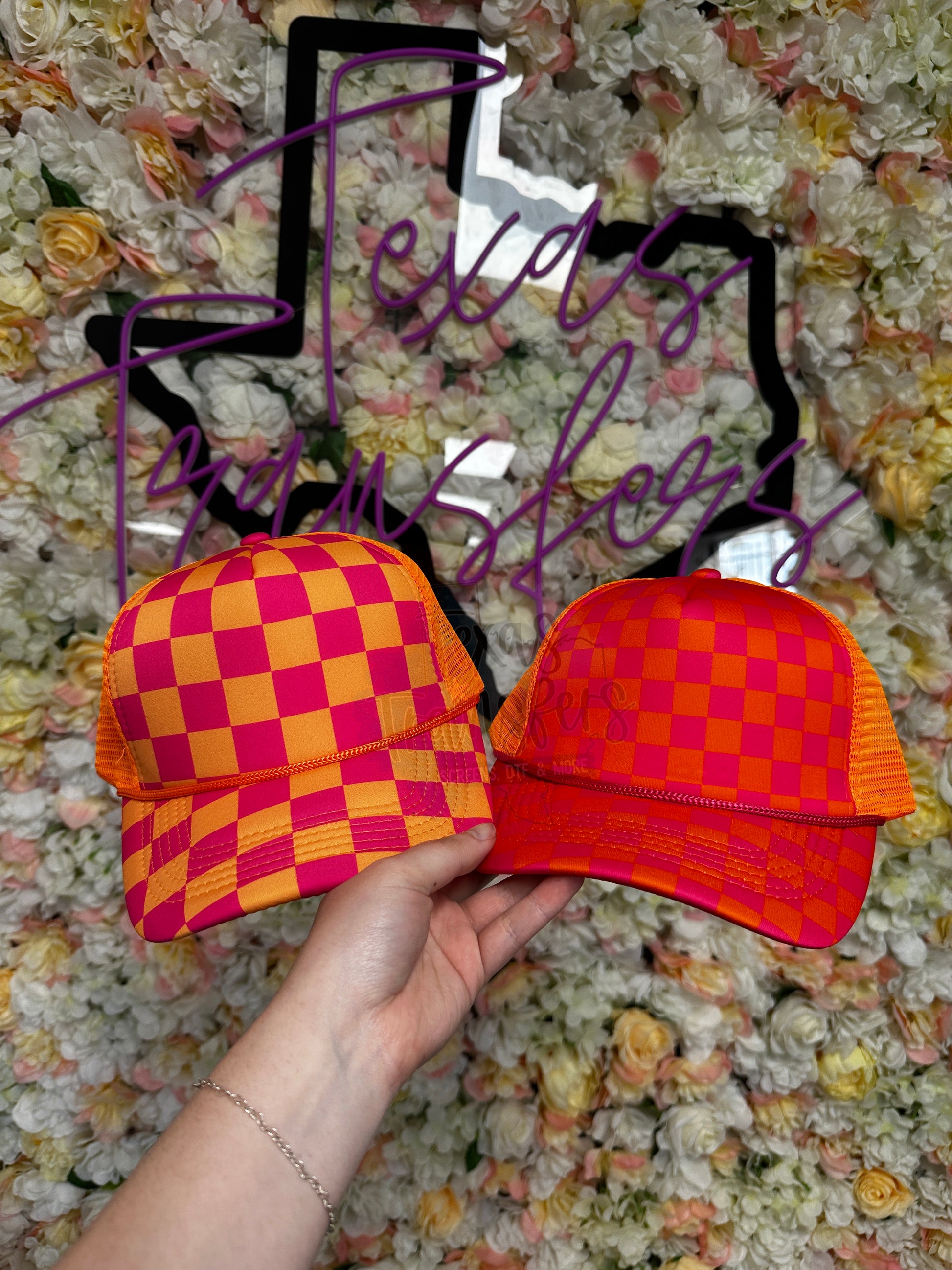Pink/Orange Checker Front Trucker Hat (Multiple Options) - Texas Transfers and Designs