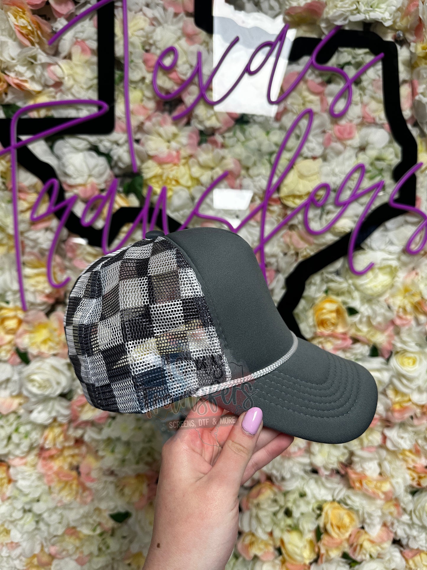 Dark Grey Checker Trucker Hat - Texas Transfers and Designs