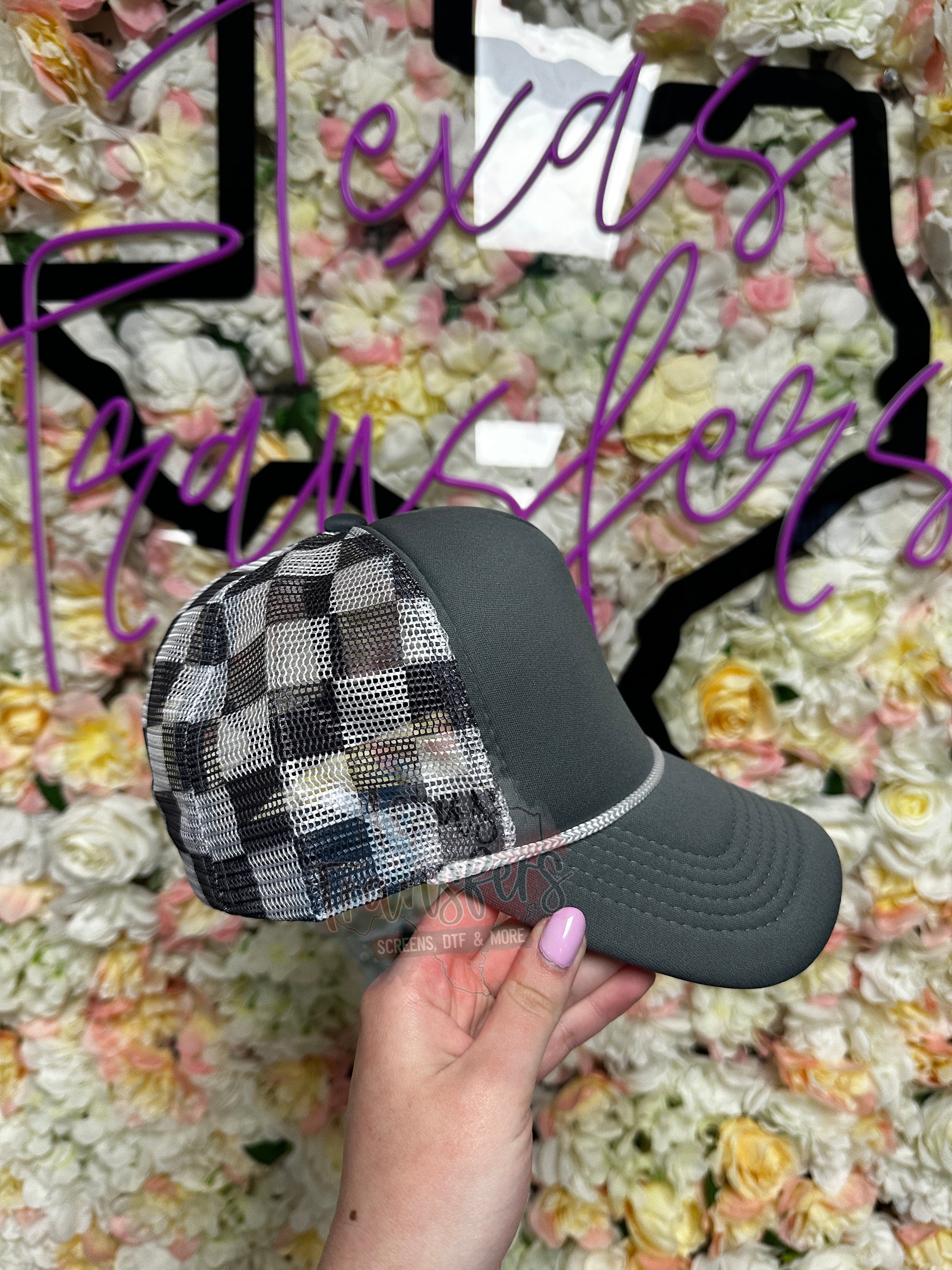 Dark Grey Checker Trucker Hat - Texas Transfers and Designs