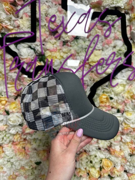 Dark Grey Checker Trucker Hat - Texas Transfers and Designs