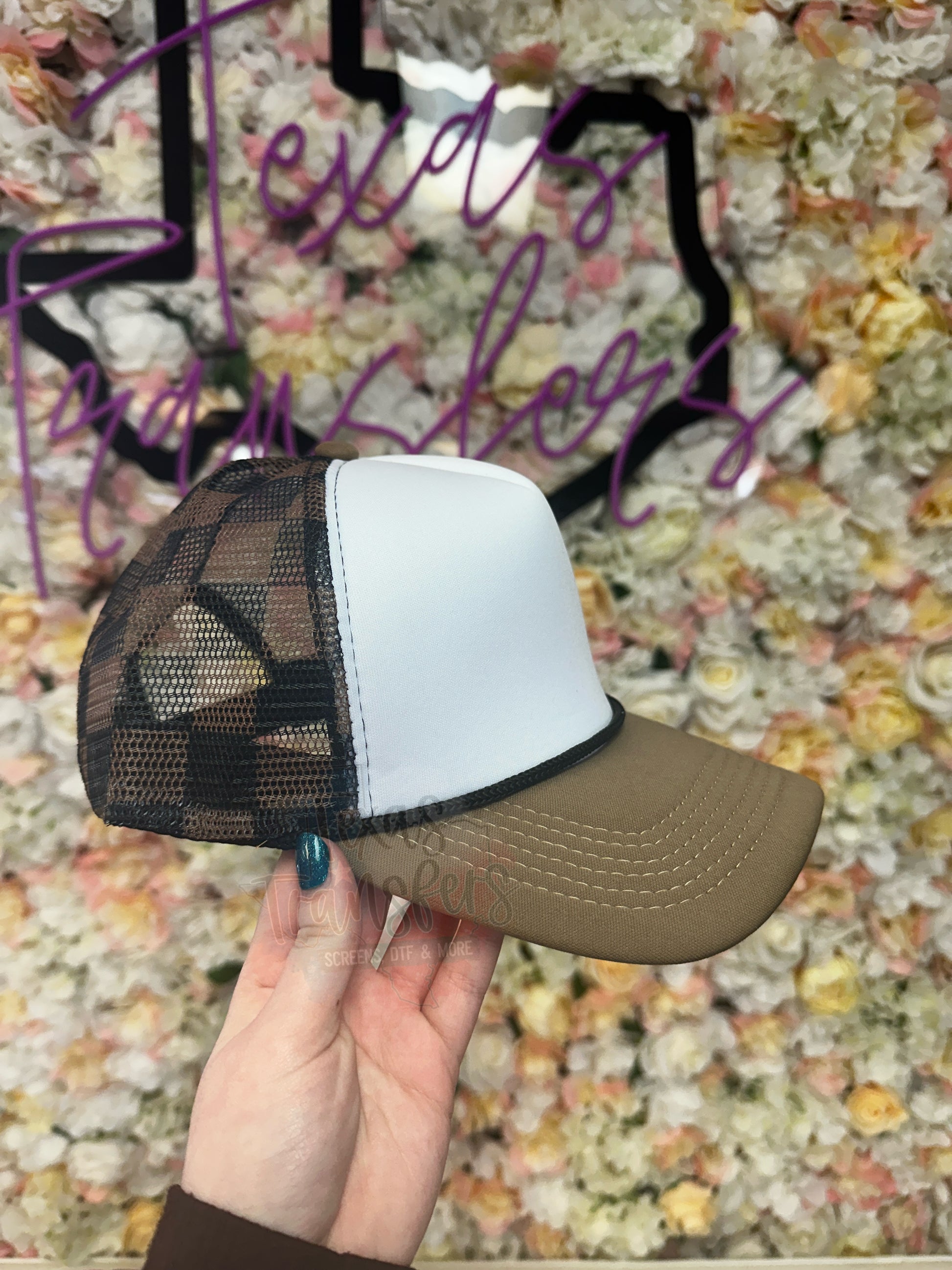 Brown Bill/Black andBrown Checker Mesh Trucker Hat - Texas Transfers and Designs