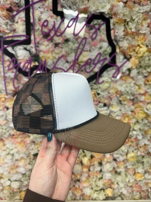 Brown Bill/Black andBrown Checker Mesh Trucker Hat - Texas Transfers and Designs