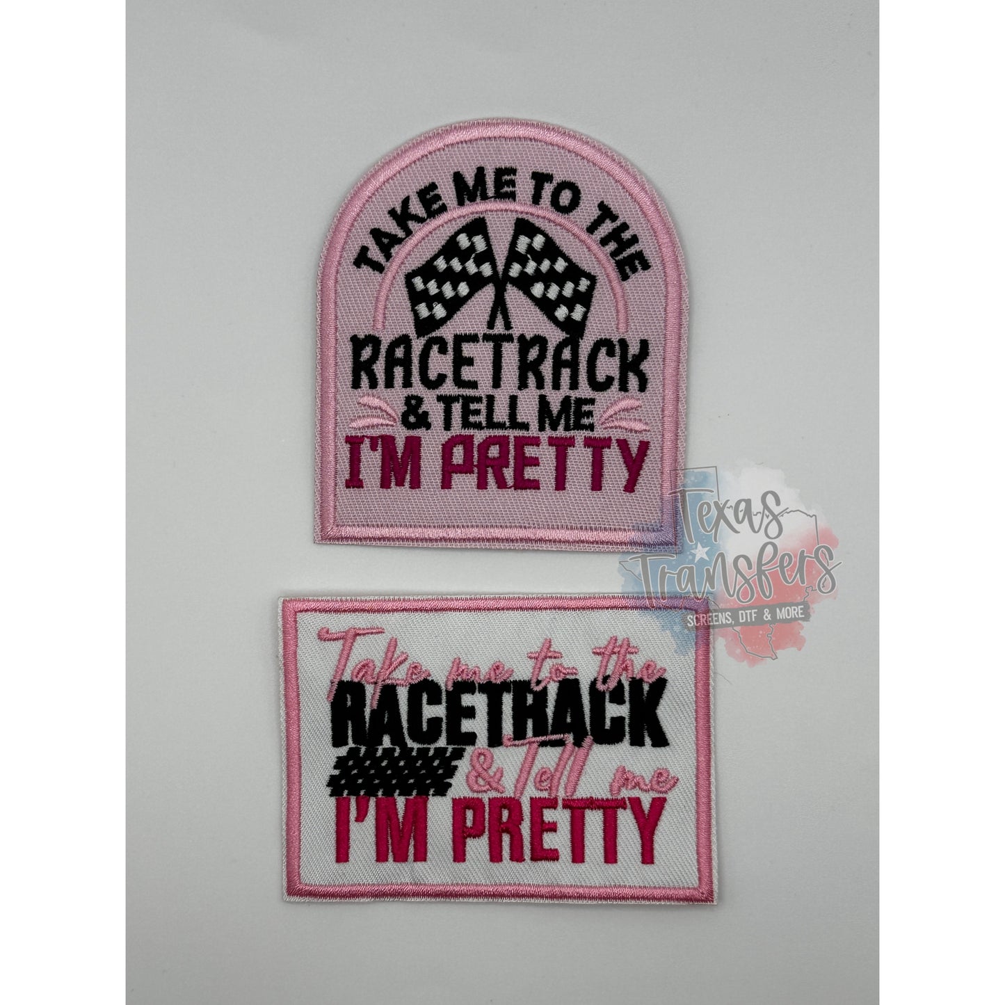 Take Me To The Racetrack RECTANGLE Iron-On PATCH - Texas Transfers and Designs