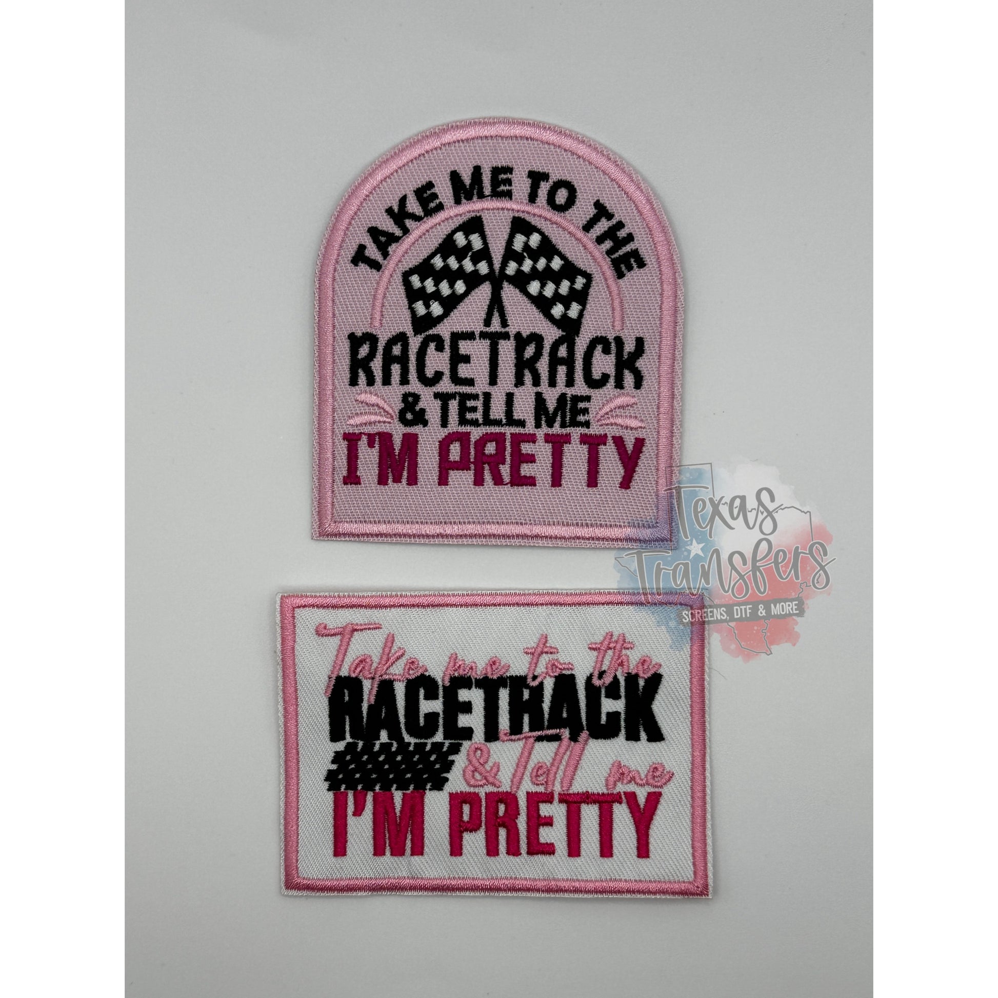 Take Me To The Racetrack RECTANGLE Iron-On PATCH - Texas Transfers and Designs