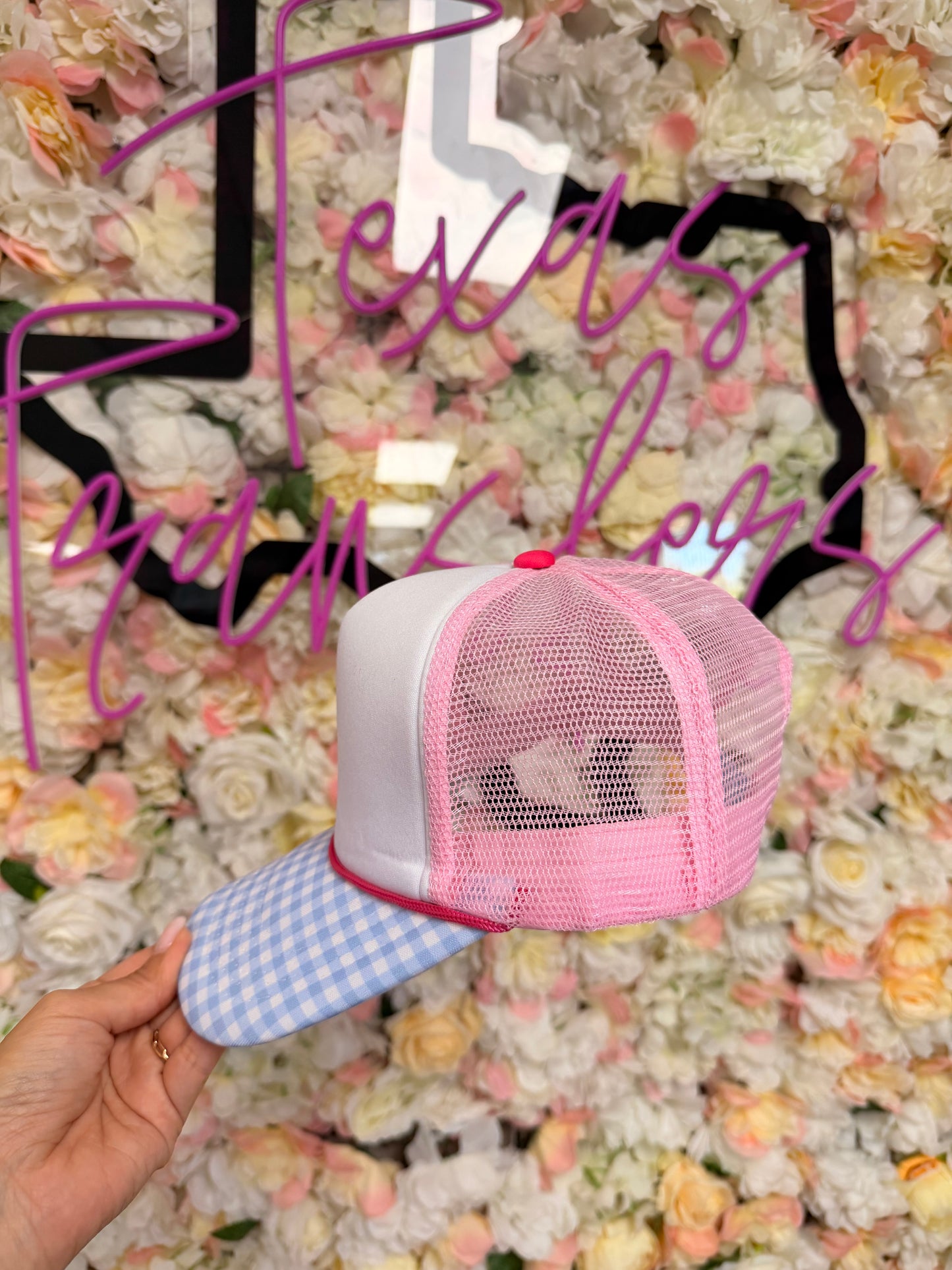 Light Blue Gingham Brim and Light Pink Mesh Trucker Hat