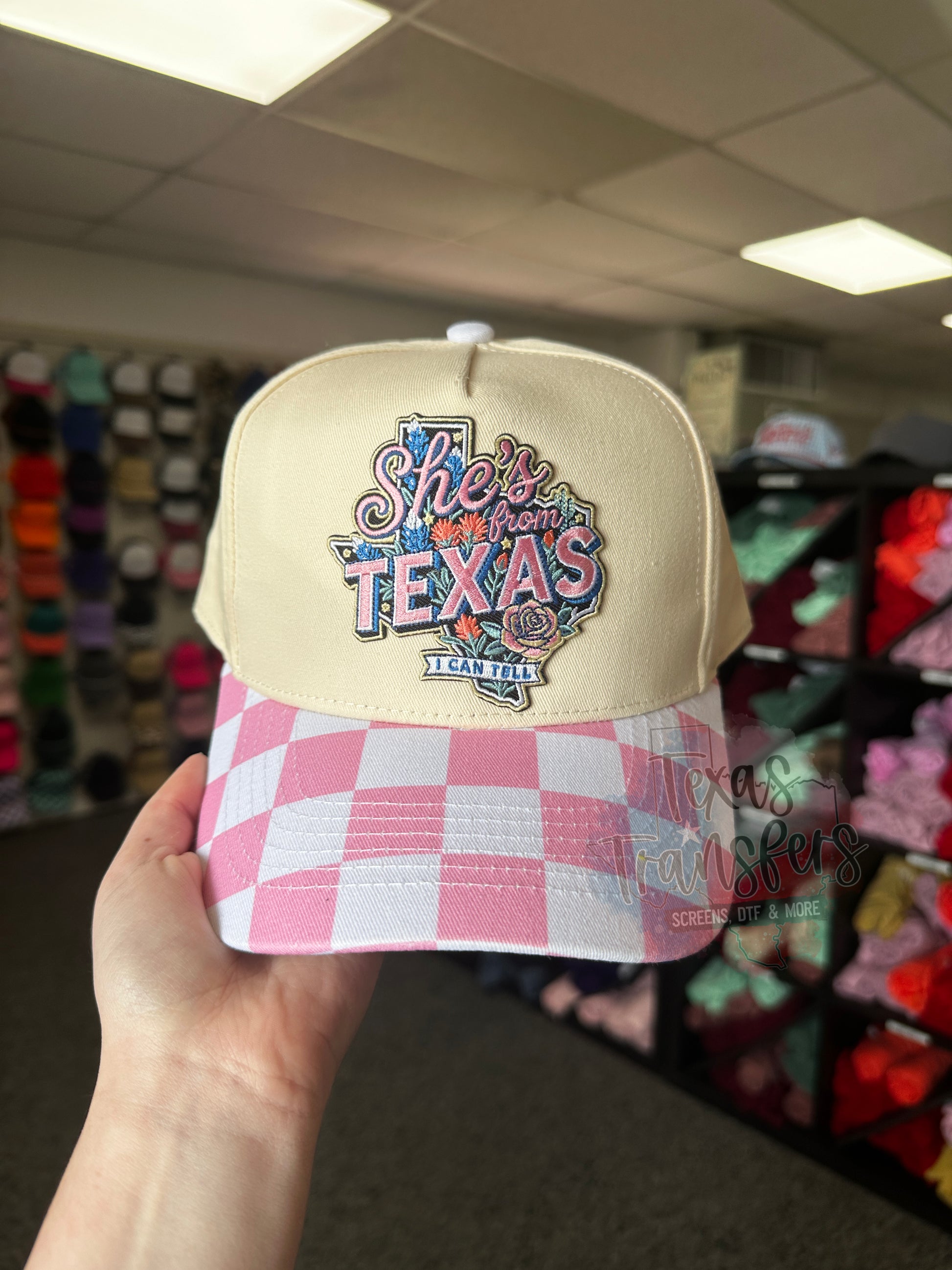 Pink and White Checker Brim Canvas Hat - Texas Transfers and Designs