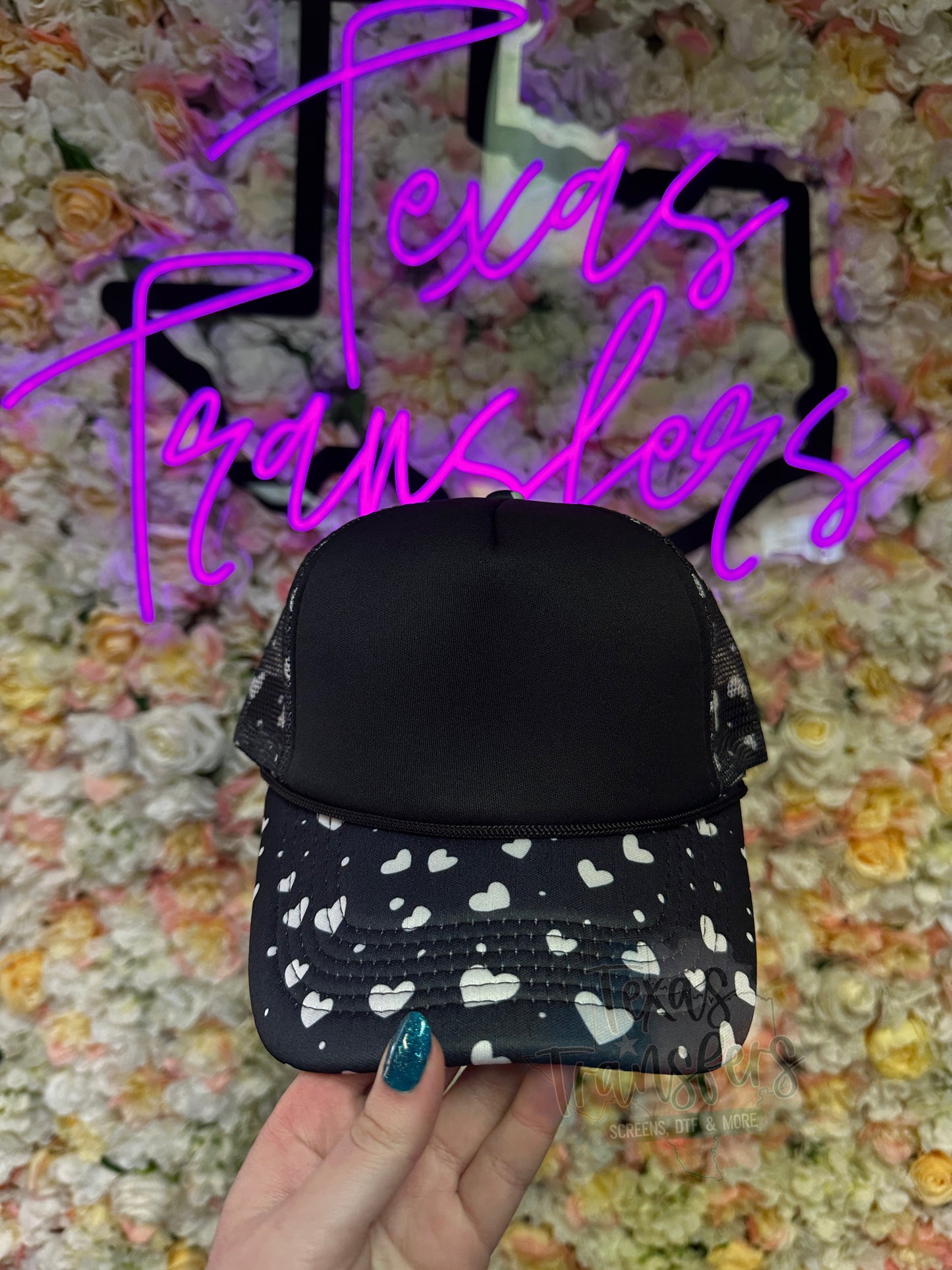 Black/Hearts Trucker Hat - Texas Transfers and Designs