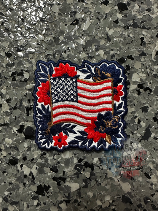 Flag with Floral Border Iron-On PATCH - Texas Transfers and Designs