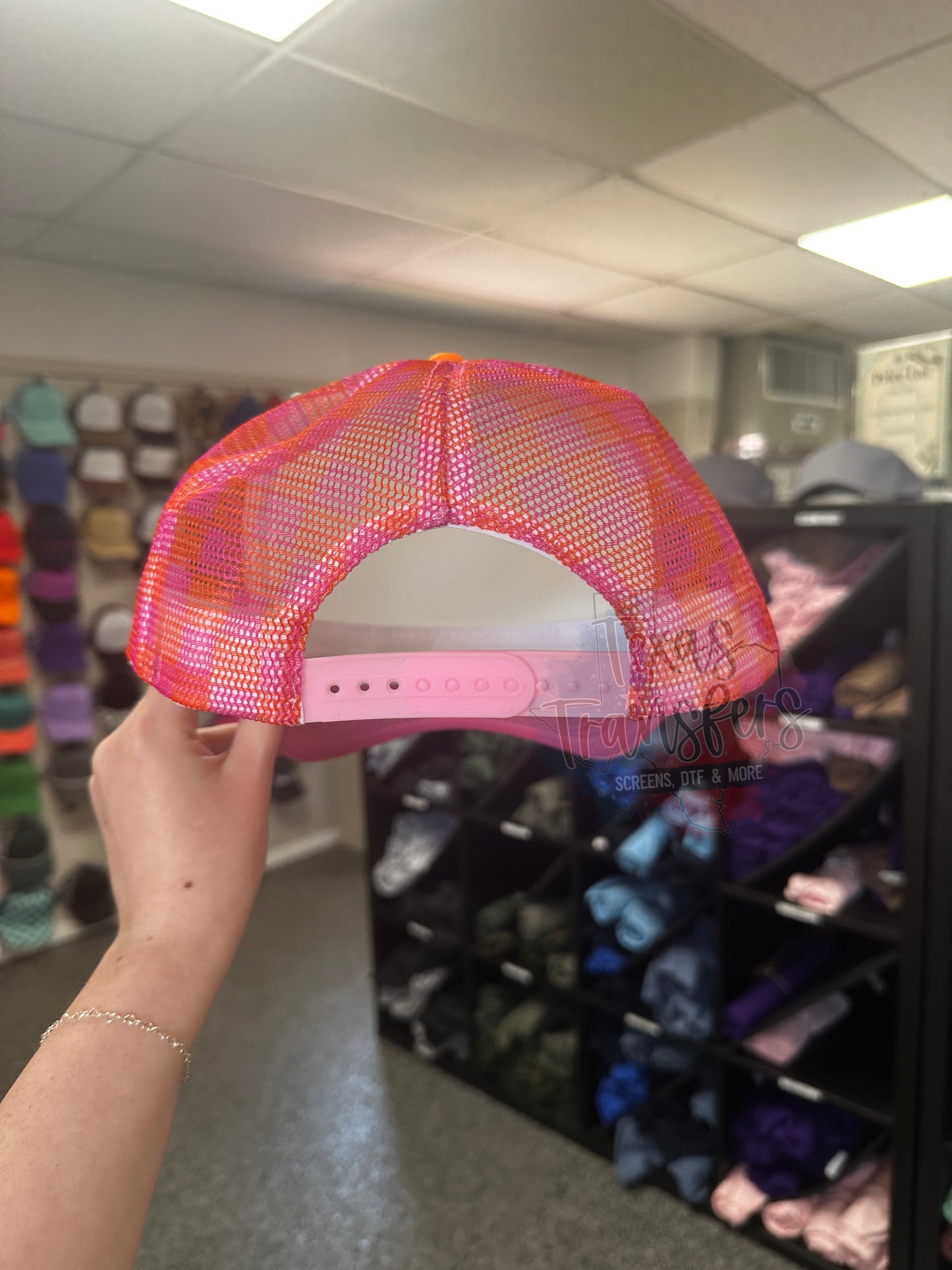 Pink/Orange Checker Back Trucker Hat (MULTIPLE OPTIONS) - Texas Transfers and Designs