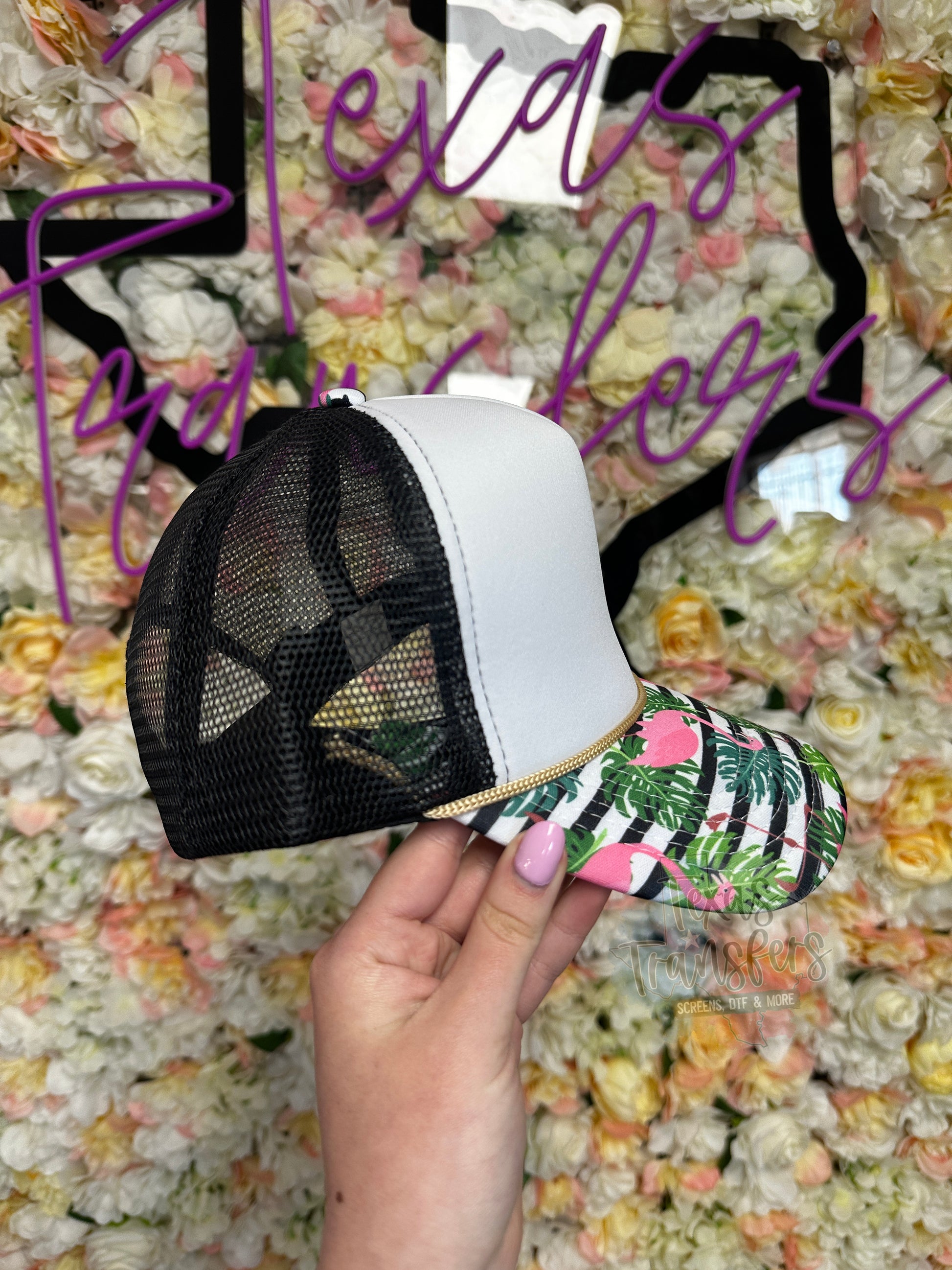 Striped Flamingo Brim Trucker Hat - Texas Transfers and Designs