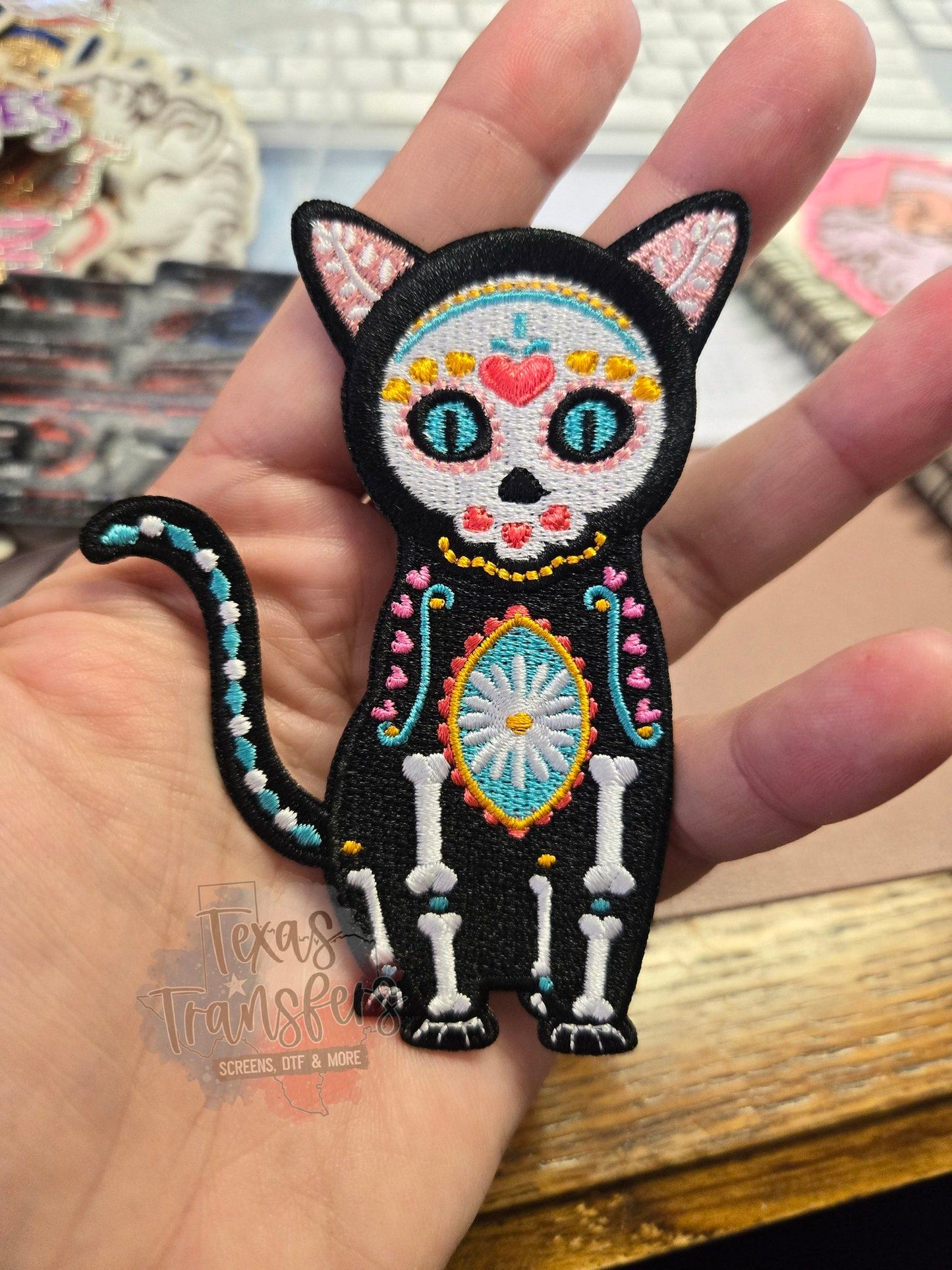 Cat Gato Dia de Los Muertos Iron on Patch - Texas Transfers and Designs