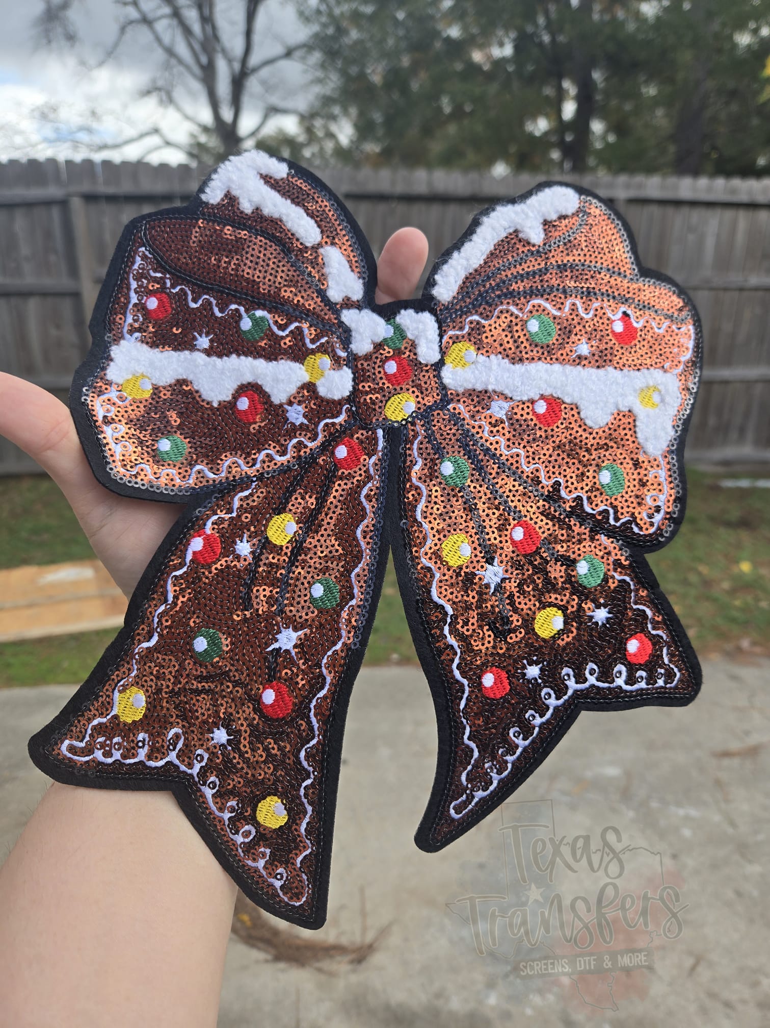 Gingerbread Bow XL Iron-On Patch - Texas Transfers and Designs