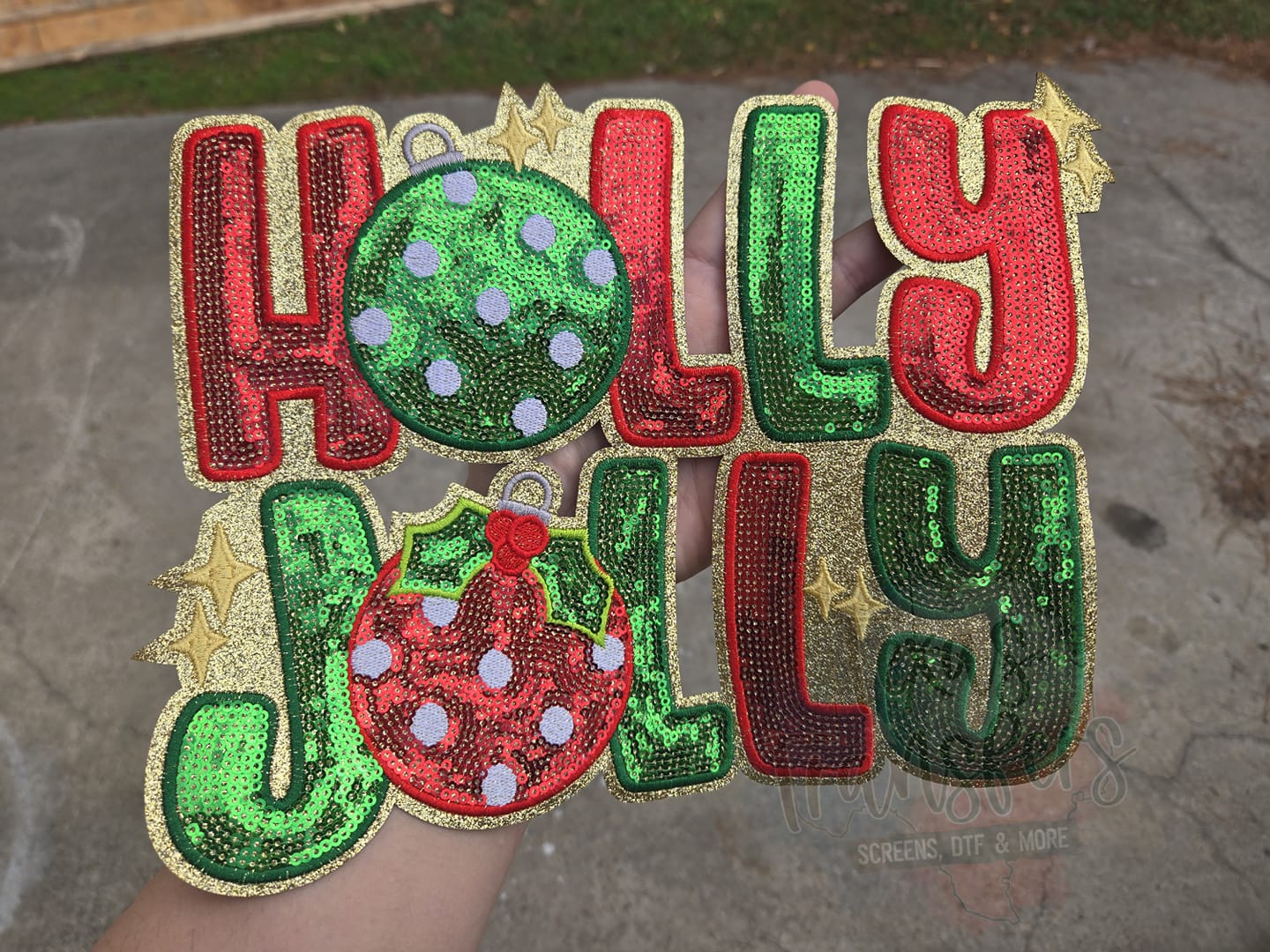 Holly Jolly XL Iron-On Patch (Green/Red) - Texas Transfers and Designs