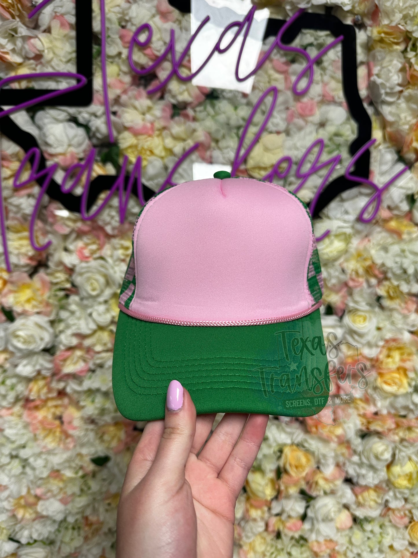 Pink and Green Checker Trucker Hat - Texas Transfers and Designs
