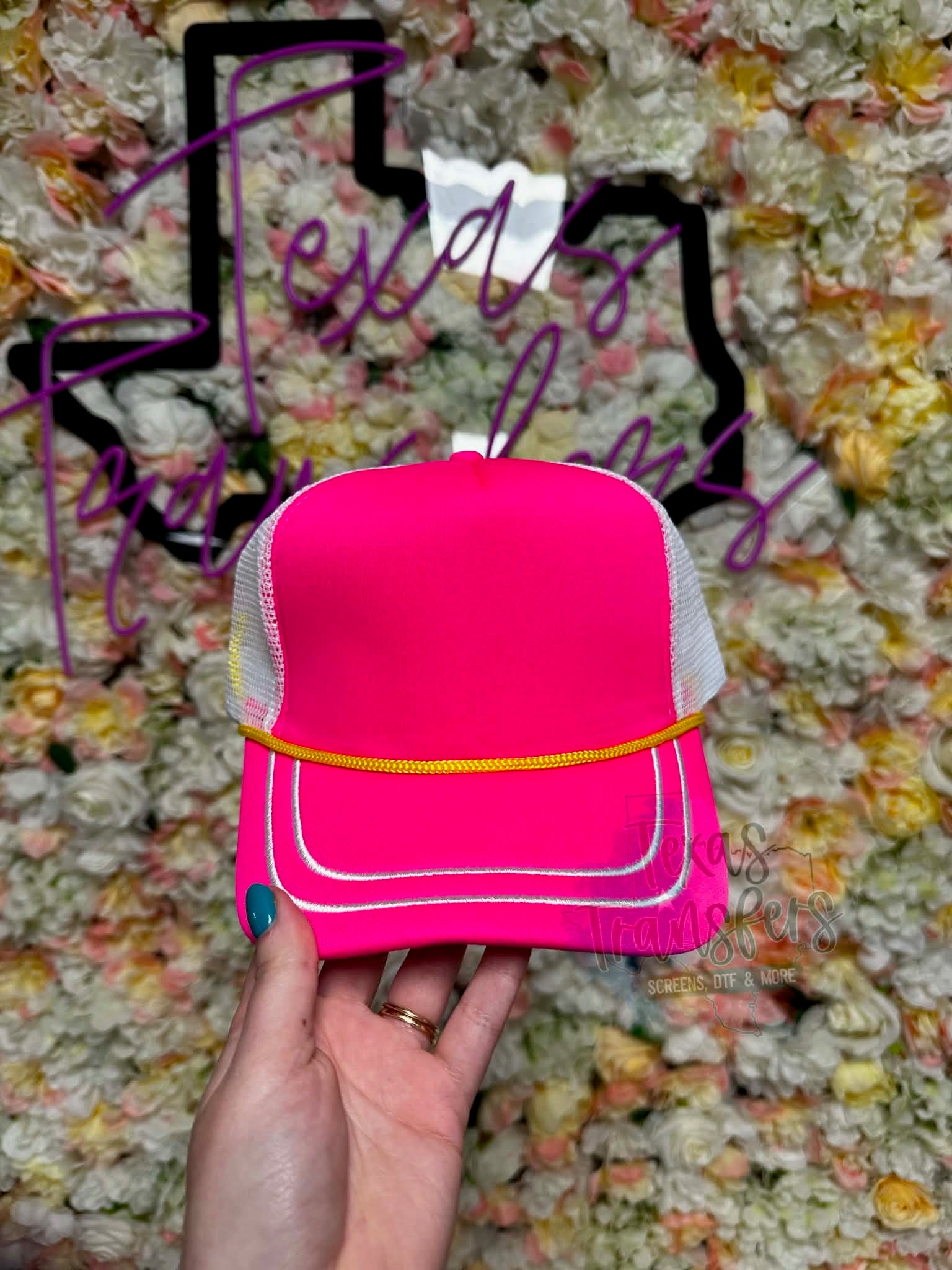 Neon Pink Double Embroidered Brim Trucker Hat - Texas Transfers and Designs