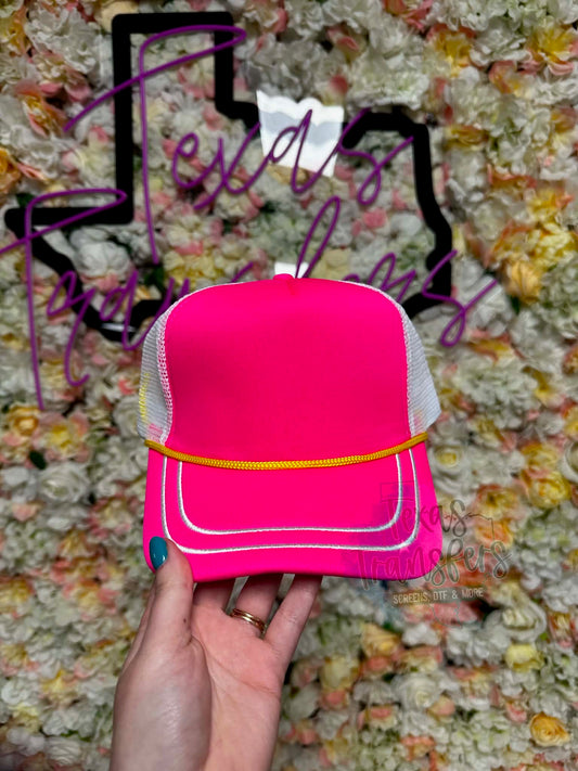 Neon Pink Double Embroidered Brim Trucker Hat - Texas Transfers and Designs