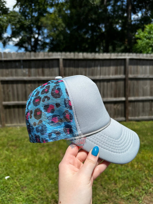 Silver/Blue Leopard Trucker Hat - Texas Transfers and Designs