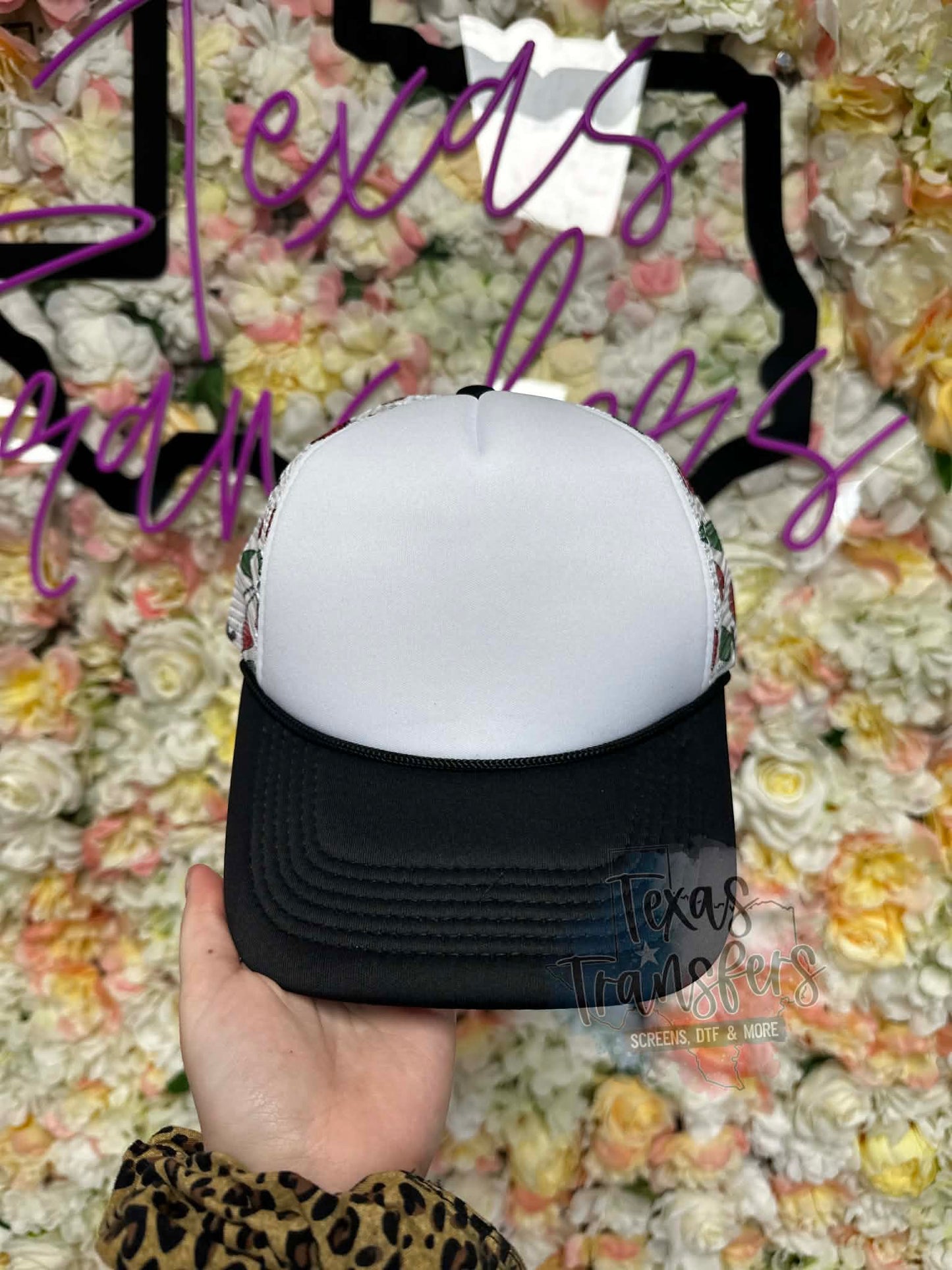 Cherry Black Brimmed Trucker Hat - Texas Transfers and Designs