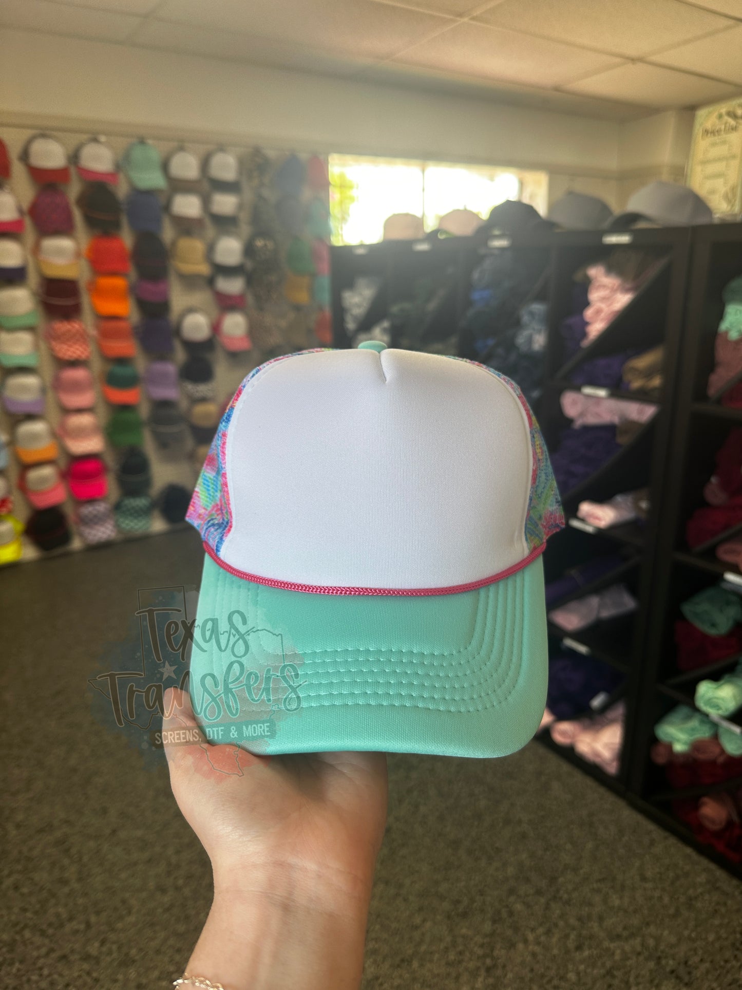 Floral Mesh/ Mint Brim Trucker Hat - Texas Transfers and Designs