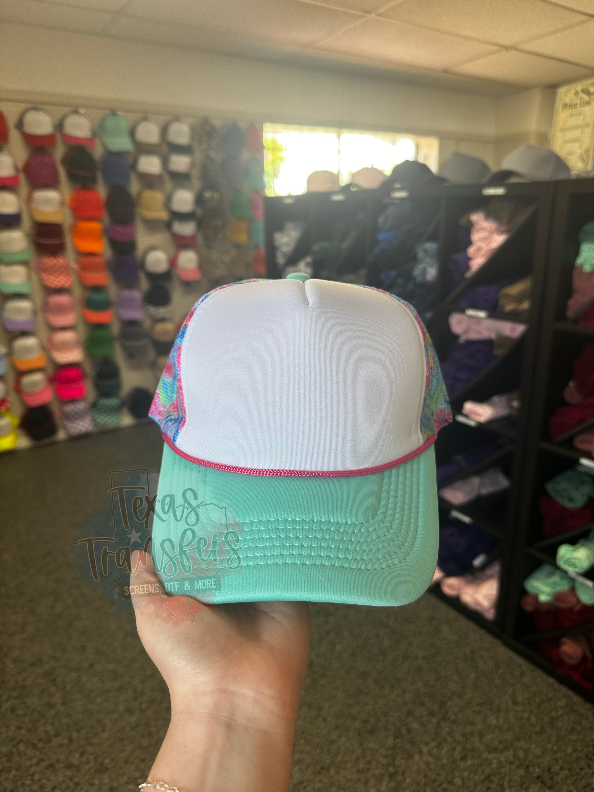 Floral Mesh/ Mint Brim Trucker Hat - Texas Transfers and Designs