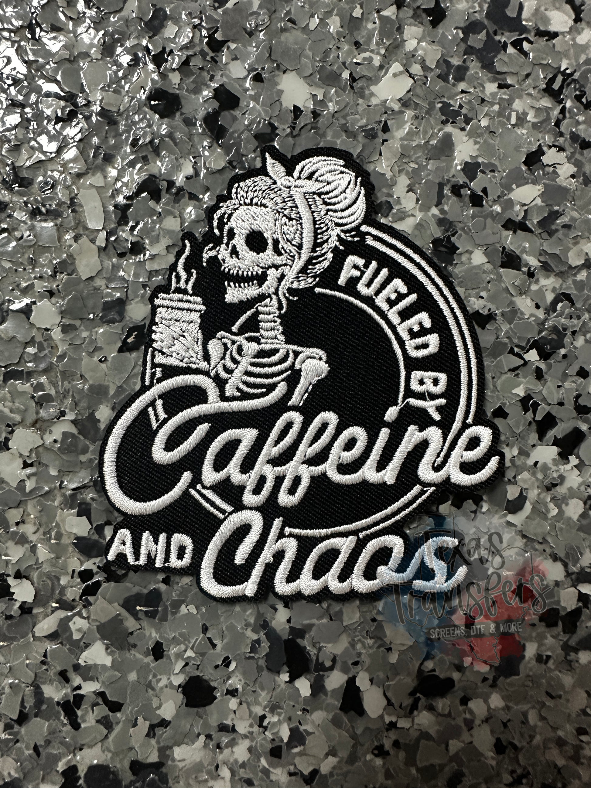 Fueled by Caffeine and Chaos Iron-On PATCH - Texas Transfers and Designs
