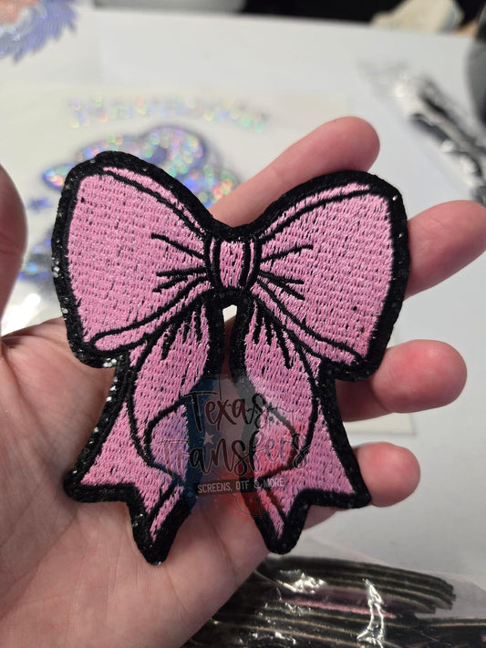 Pink Bow (black glitter) Iron-On PATCH - Texas Transfers and Designs