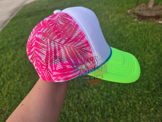Neon Green/Pink Palm Leaves Trucker Hat - Texas Transfers and Designs