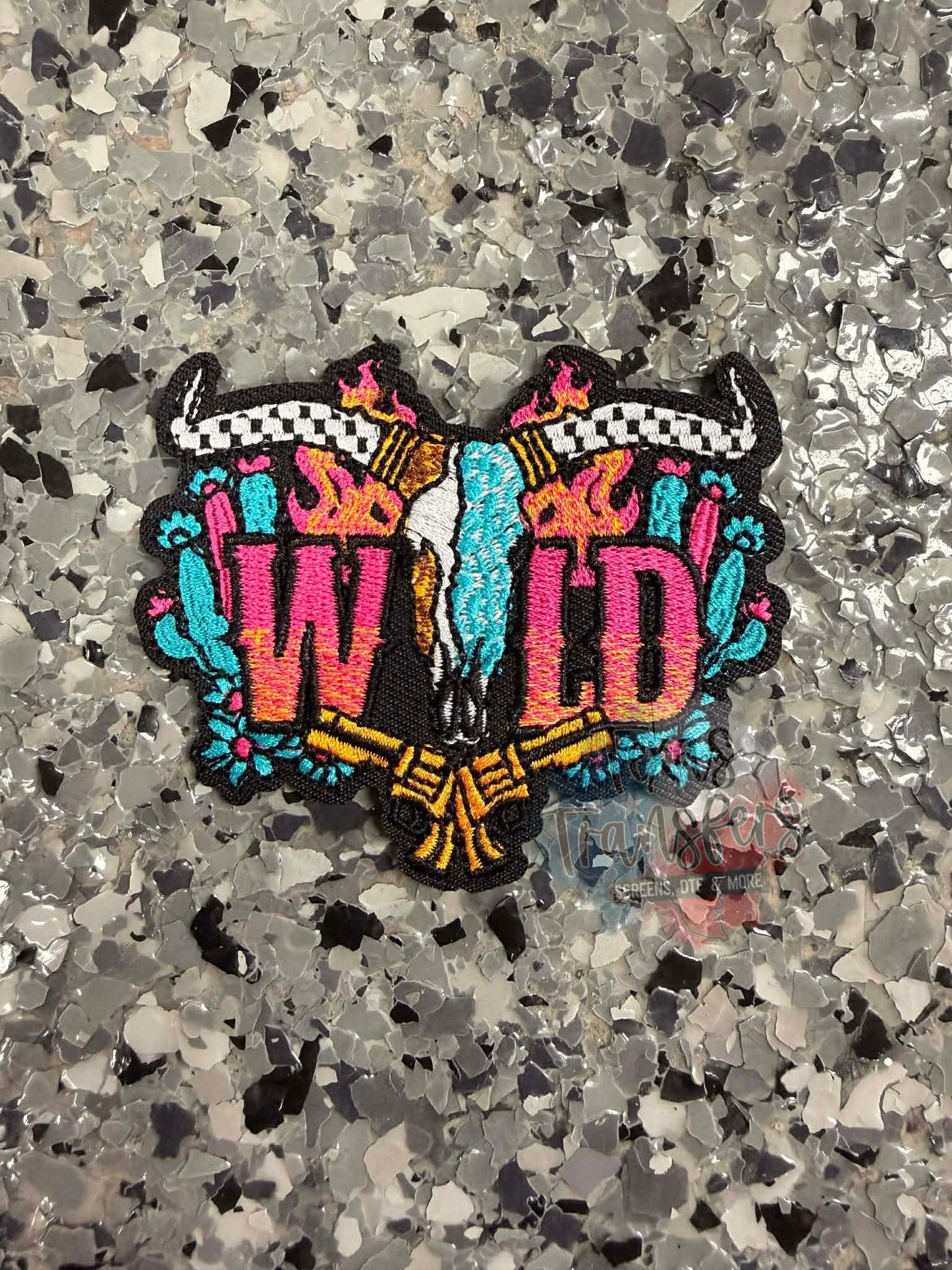 Wild Bull Head Checkered Iron-On Patch - Texas Transfers and Designs