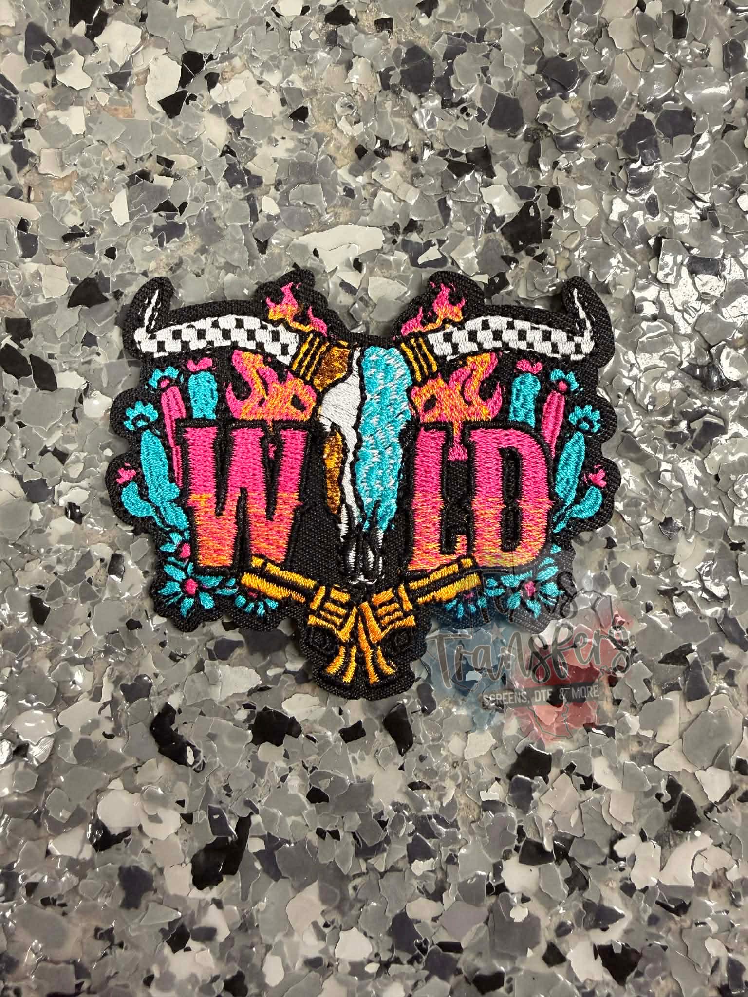 Wild Bull Head Checkered Iron-On Patch - Texas Transfers and Designs