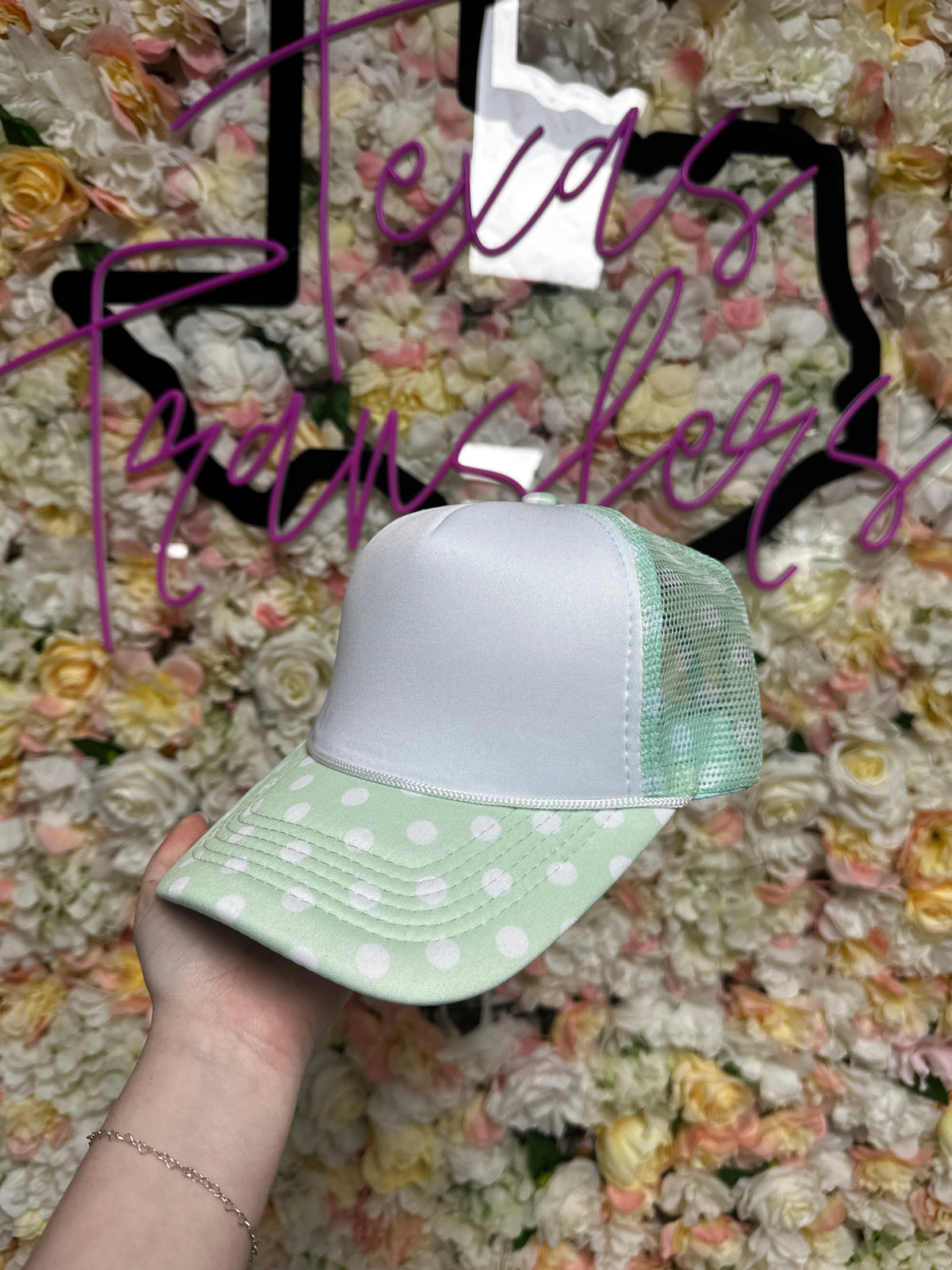 Mint Polka Dot Brim Trucker Hat
