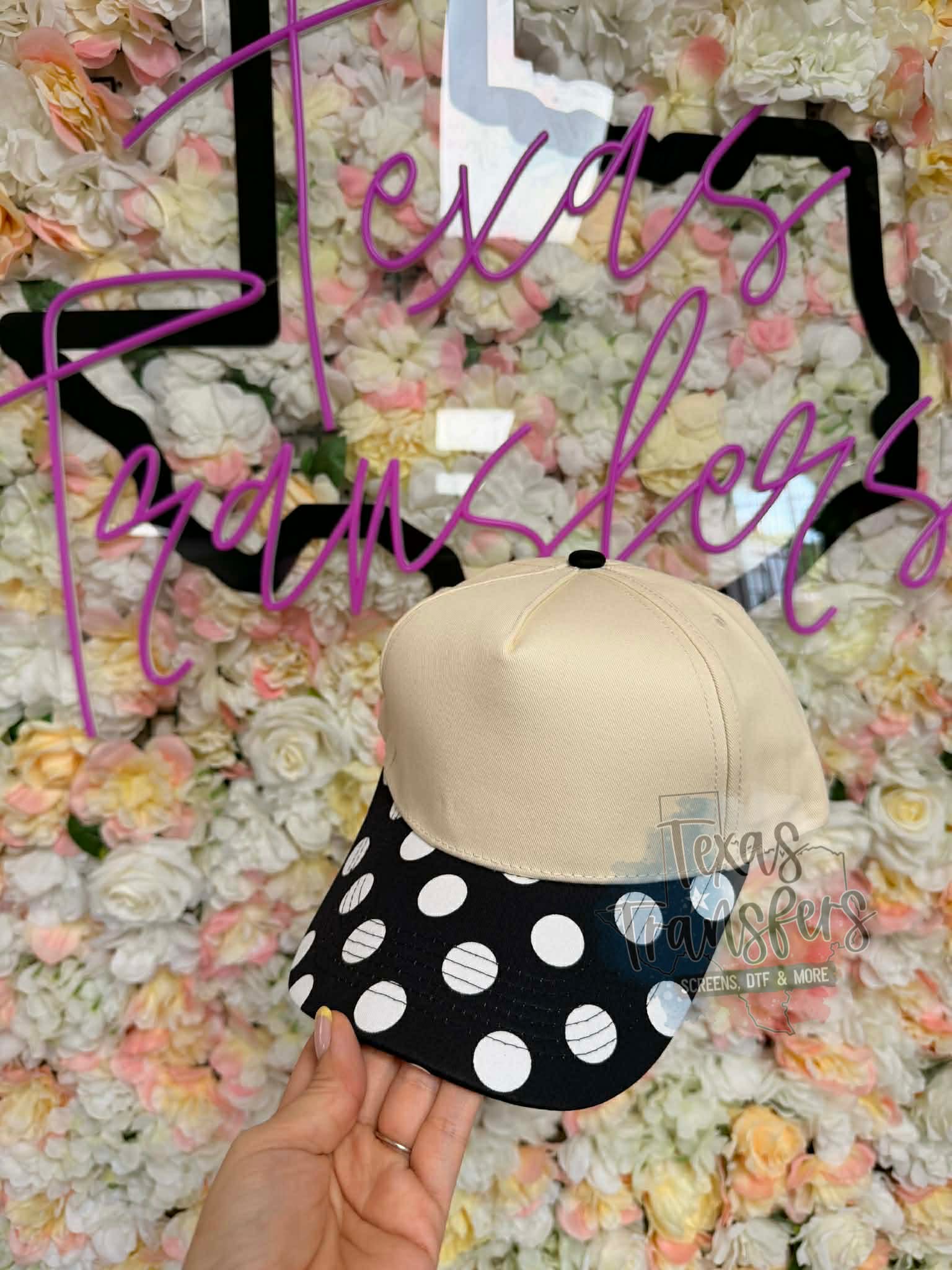 Black and White Brim Polka Dot Canvas Hat - Texas Transfers and Designs